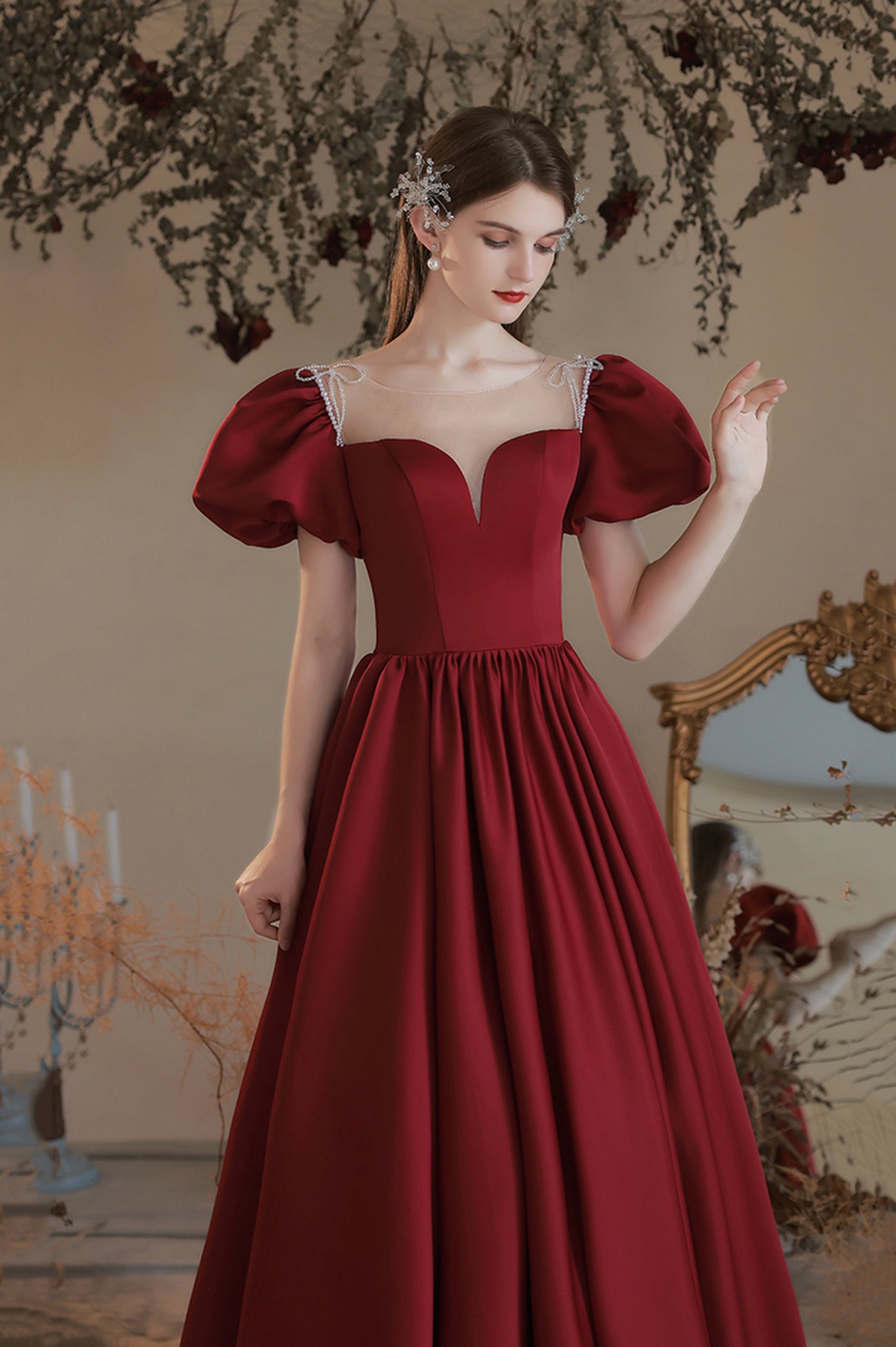 Burgundy Satin Long Prom Dress, Lovely A-Line Short Sleeve Graduation Dress