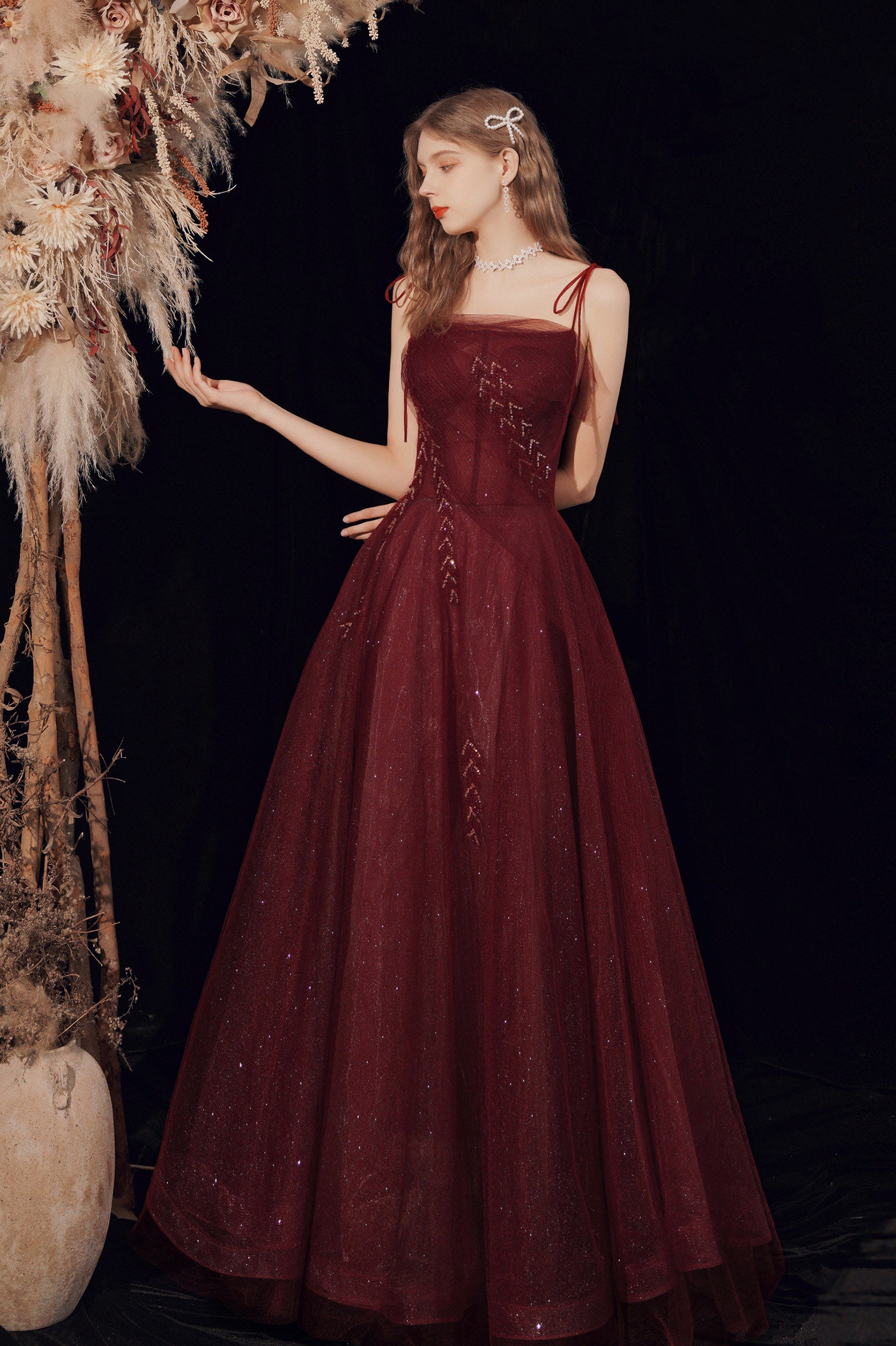 Burgundy Long Spaghetti Strap Tulle Prom Dress, A-Line Evening Dress US 4 / Custom Color Burgundy Long Spaghetti Strap Tulle Prom Dress, A-Line Evening Dress US 4 / Custom Color