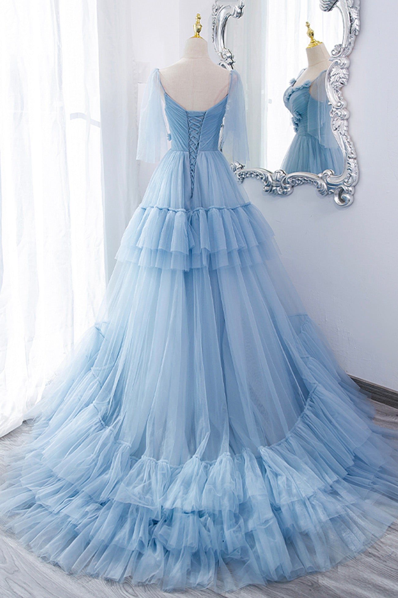 A-Line Tulle Long Prom Dresses, V-Neck Spaghetti Strap Long Princess Dresses US 16 / Custom Color A-Line Tulle Long Prom Dresses, V-Neck Spaghetti Strap Long Princess Dresses US 16 / Custom Color