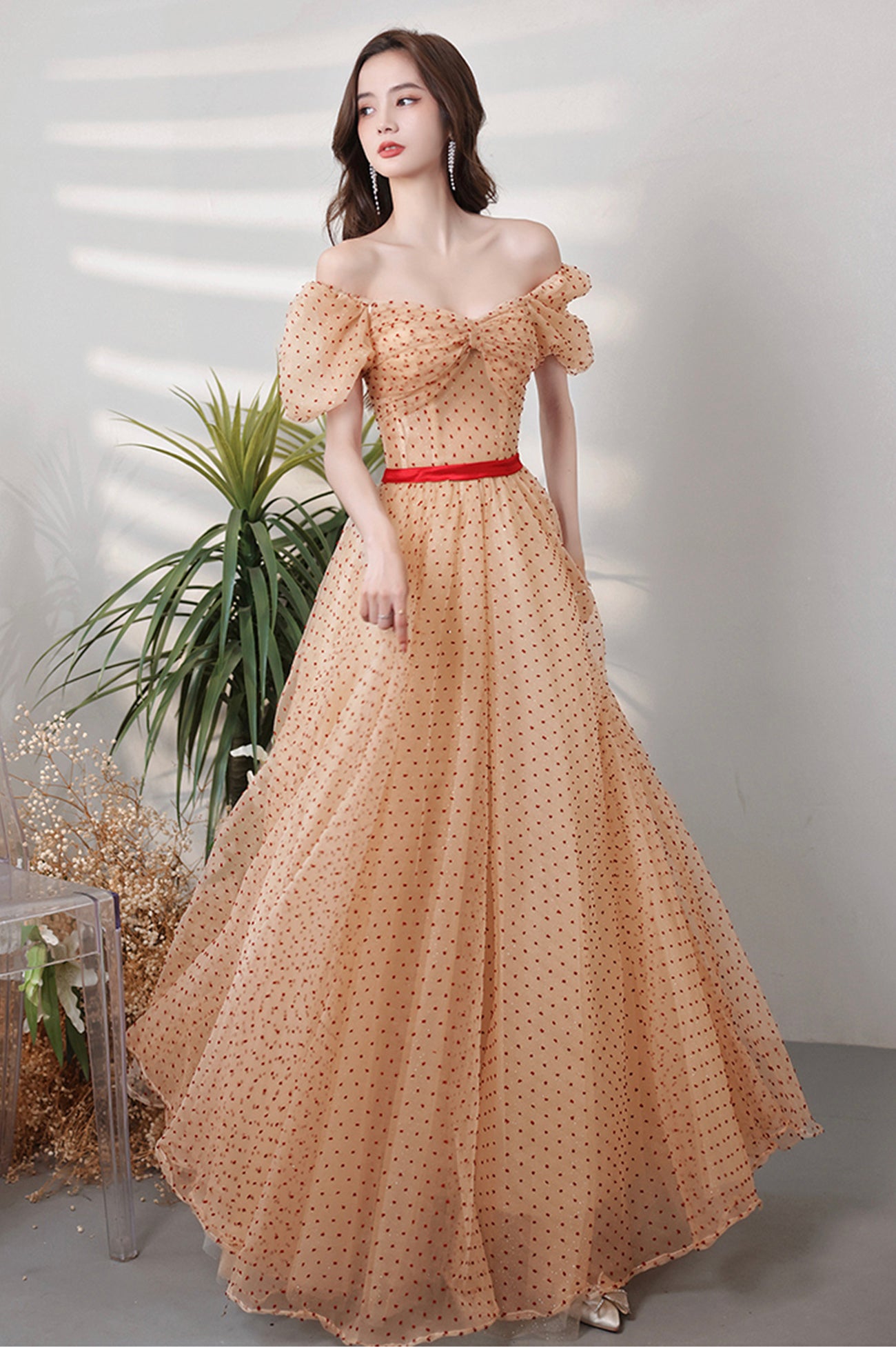 Lovely Tulle Polka Dot Long Prom Dress, A-Line Short Sleeve Evening Dr