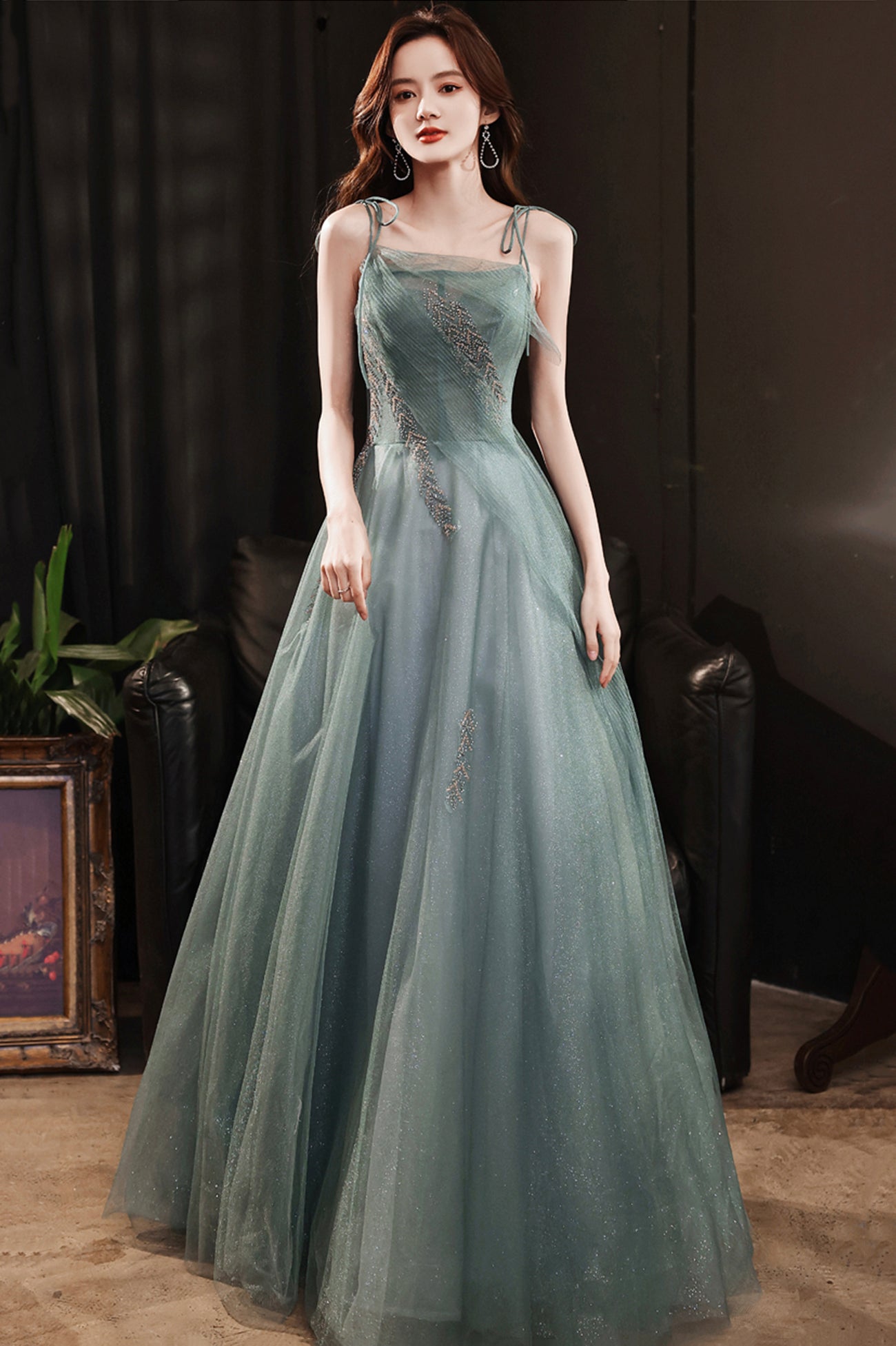 Green Tulle Beaded Long Prom Dress, Green A-Line Evening Dress Loveydress Green Tulle Beaded Long Prom Dress, Green A-Line Evening Dress Loveydress