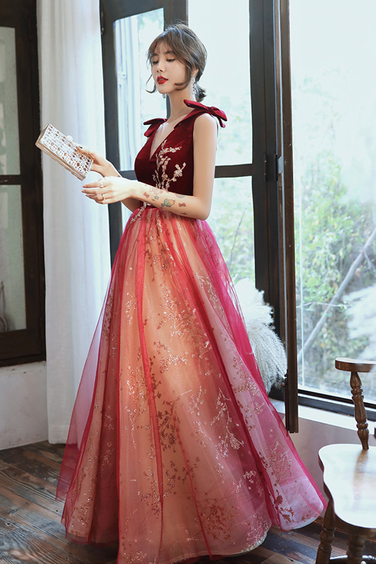 Burgundy Velvet Tulle Long Prom Dresses, V-Neck Graduation Dresses US 8 / Custom Color Burgundy Velvet Tulle Long Prom Dresses, V-Neck Graduation Dresses US 8 / Custom Color