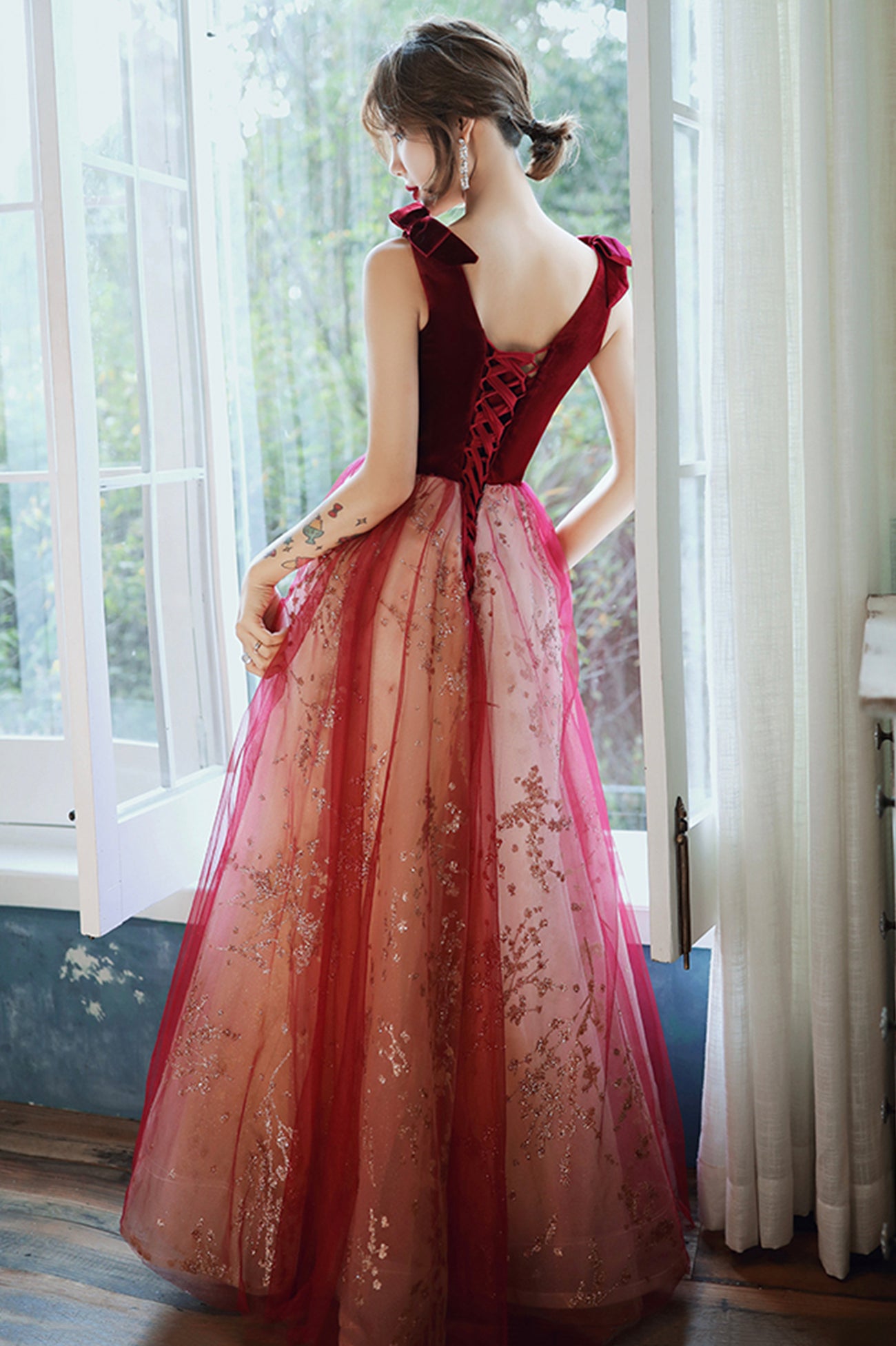 Burgundy Velvet Tulle Long Prom Dresses, V-Neck Graduation Dresses US 8 / Custom Color Burgundy Velvet Tulle Long Prom Dresses, V-Neck Graduation Dresses US 8 / Custom Color