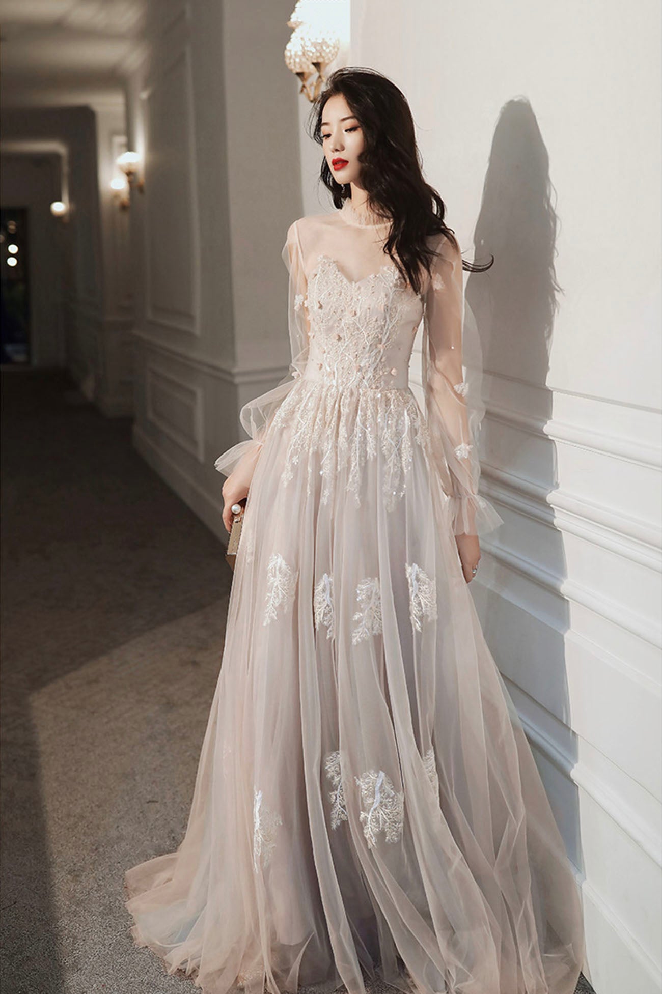 Lovely Lace Long A-Line Formal Dress, Long Sleeve Evening Dress US 6 / Custom Color Lovely Lace Long A-Line Formal Dress, Long Sleeve Evening Dress US 6 / Custom Color