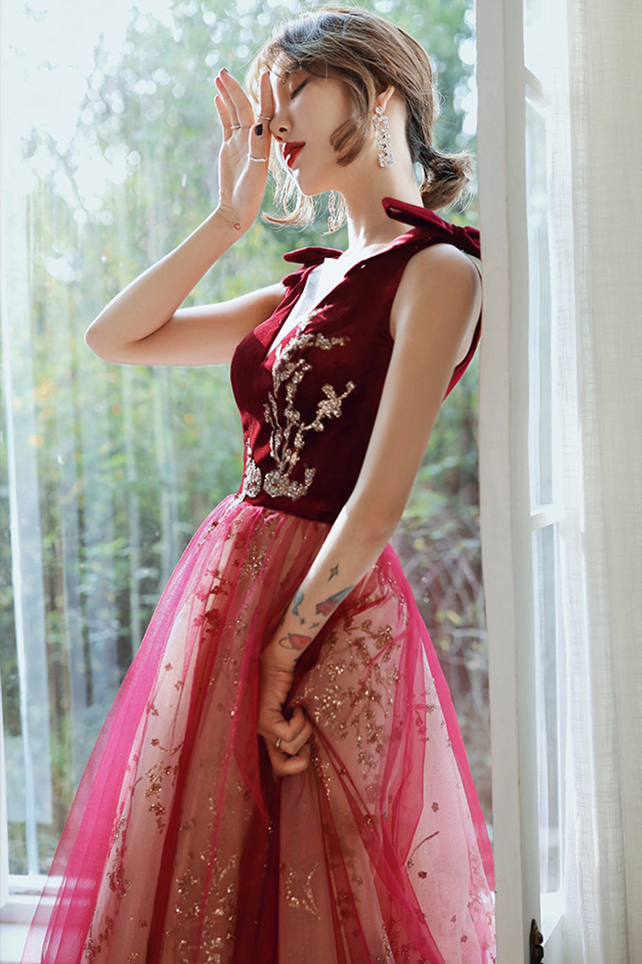 Burgundy Velvet Tulle Long Prom Dresses, V-Neck Graduation Dresses US 8 / Custom Color Burgundy Velvet Tulle Long Prom Dresses, V-Neck Graduation Dresses US 8 / Custom Color