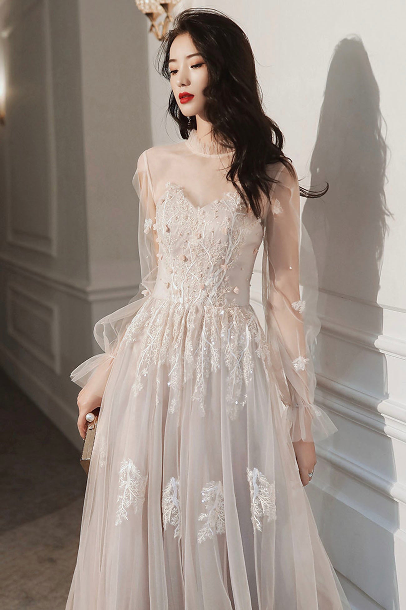 Lovely Lace Long A-Line Formal Dress, Long Sleeve Evening Dress US 6 / Custom Color Lovely Lace Long A-Line Formal Dress, Long Sleeve Evening Dress US 6 / Custom Color