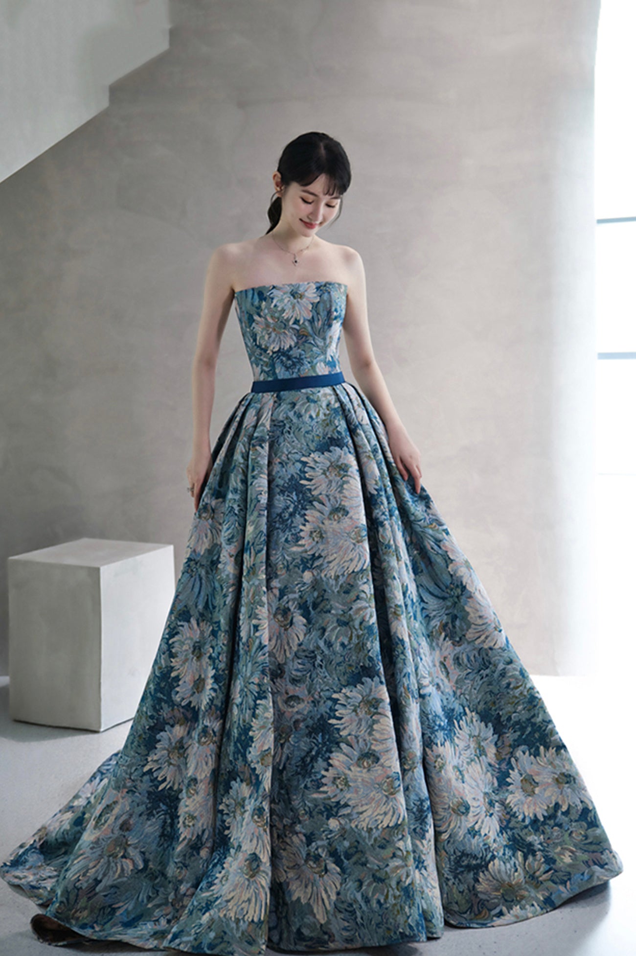 Blue Floral Long A-Line Prom Dress, Blue Evening Party Dress Custom Size / Blue Blue Floral Long A-Line Prom Dress, Blue Evening Party Dress Custom Size / Blue