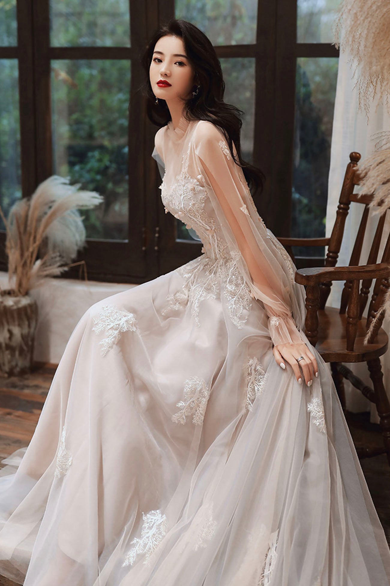 Lovely Lace Long A-Line Formal Dress, Long Sleeve Evening Dress US 6 / Custom Color Lovely Lace Long A-Line Formal Dress, Long Sleeve Evening Dress US 6 / Custom Color