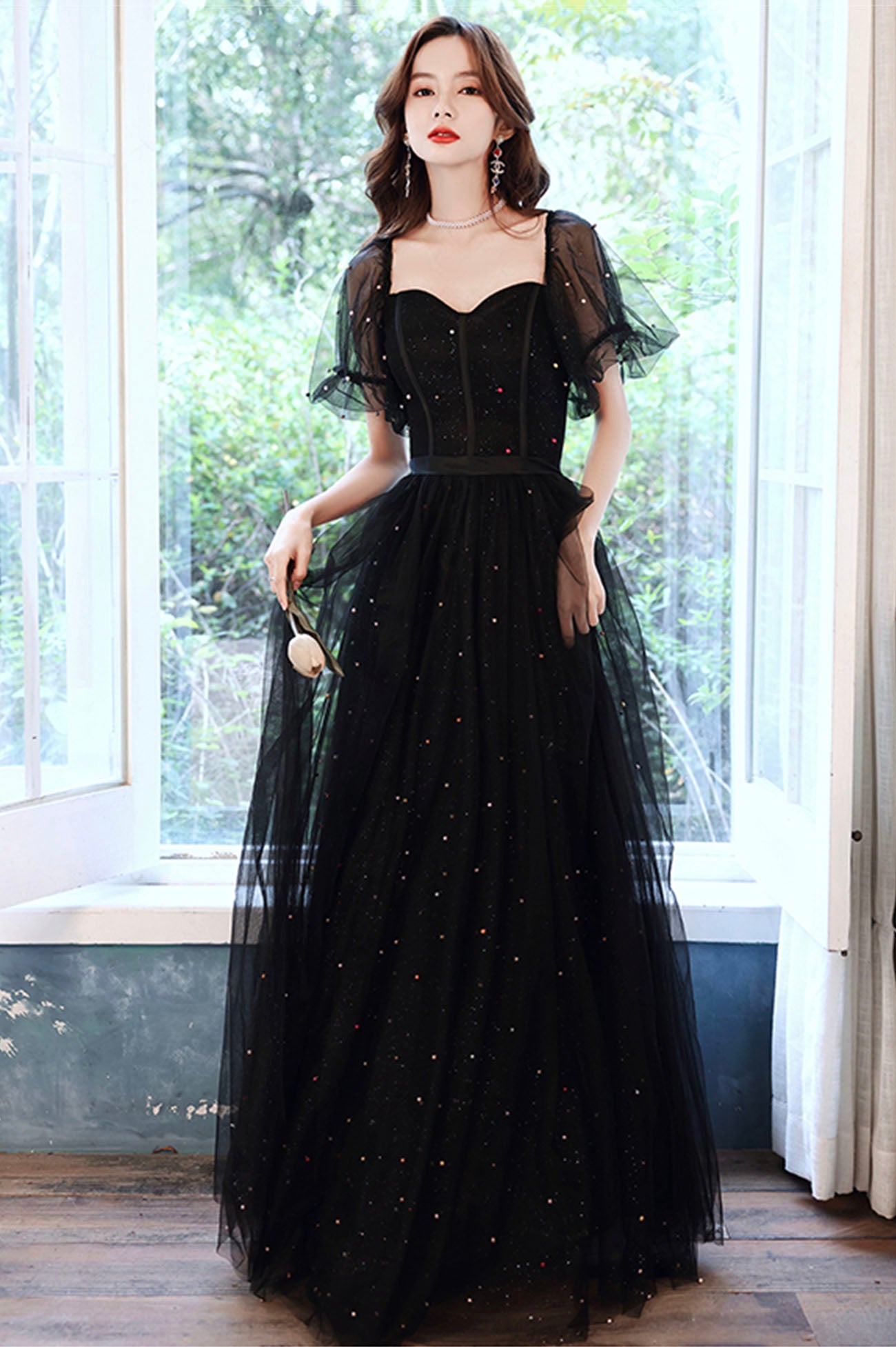 Black Tulle Long A-Line Prom Dress, Black Party Dress with Sequins US 12 / Black Black Tulle Long A-Line Prom Dress, Black Party Dress with Sequins US 12 / Black