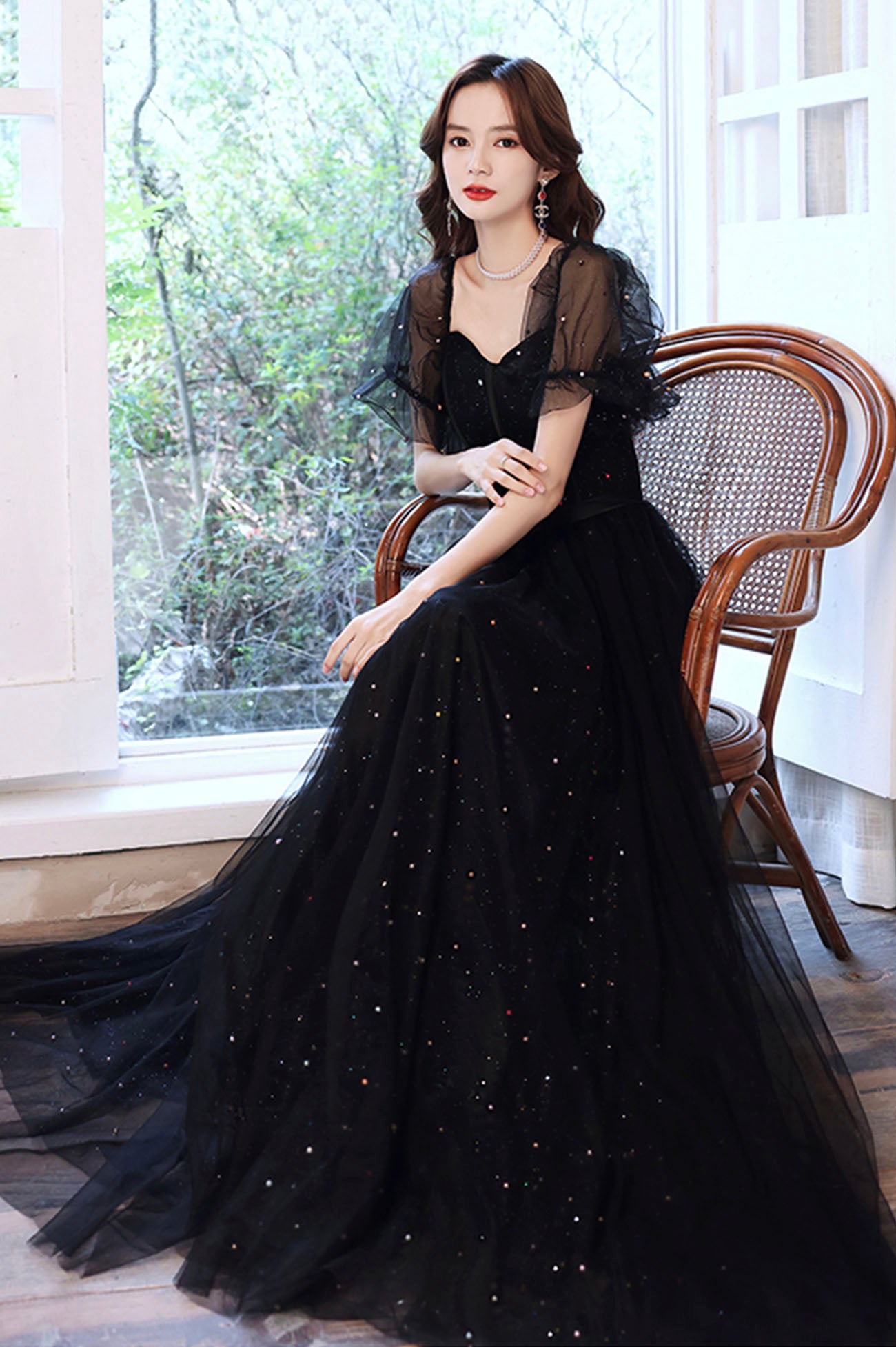 Black Tulle Long A-Line Prom Dress, Black Party Dress with Sequins US 12 / Black Black Tulle Long A-Line Prom Dress, Black Party Dress with Sequins US 12 / Black
