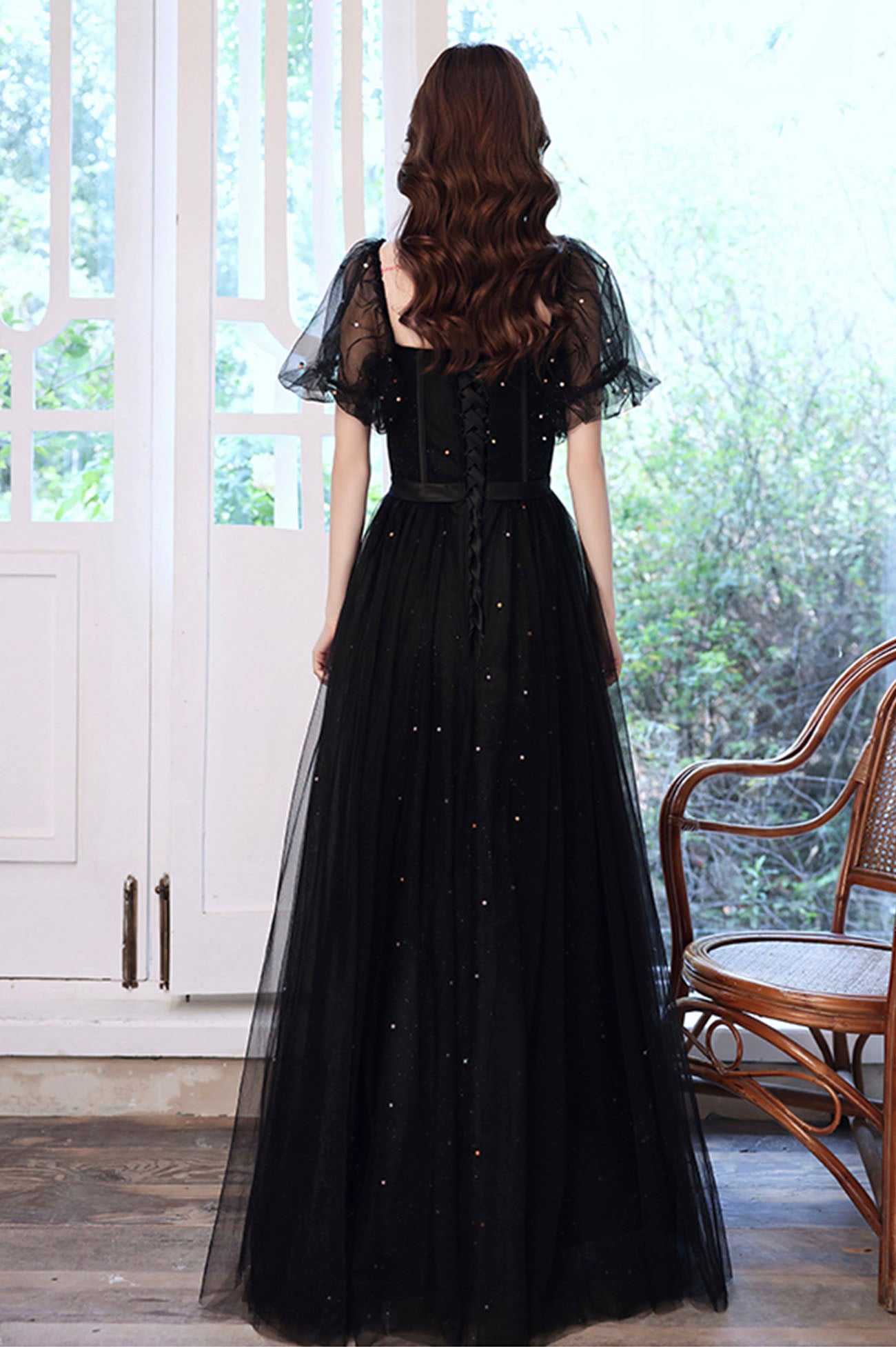 Black Tulle Long A-Line Prom Dress, Black Party Dress with Sequins US 12 / Black Black Tulle Long A-Line Prom Dress, Black Party Dress with Sequins US 12 / Black