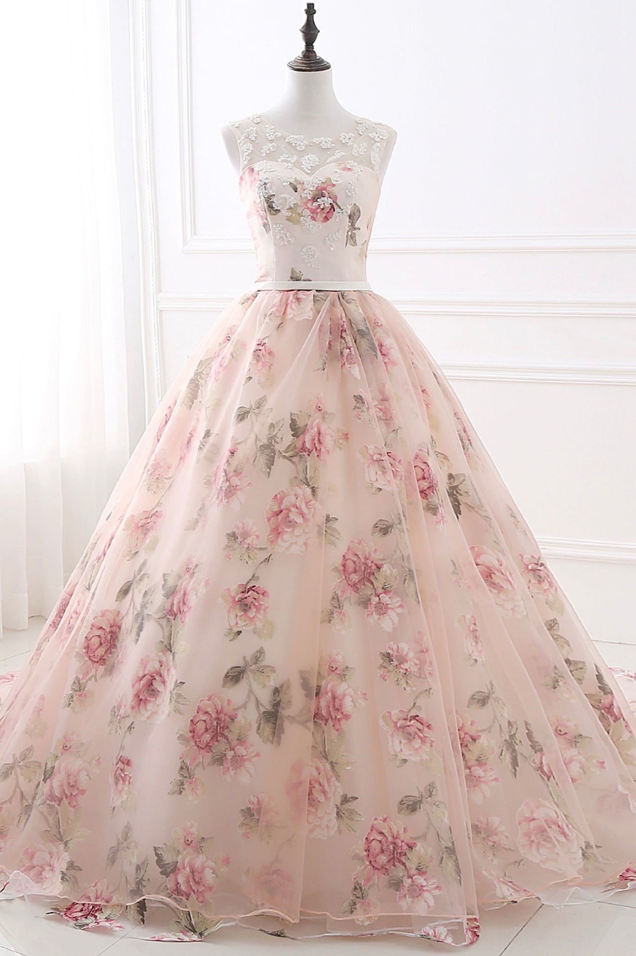 pink flowered prom dress Pink Floral Pattern Lace Long Prom Dress, A-Line Formal Dress – Loveydress