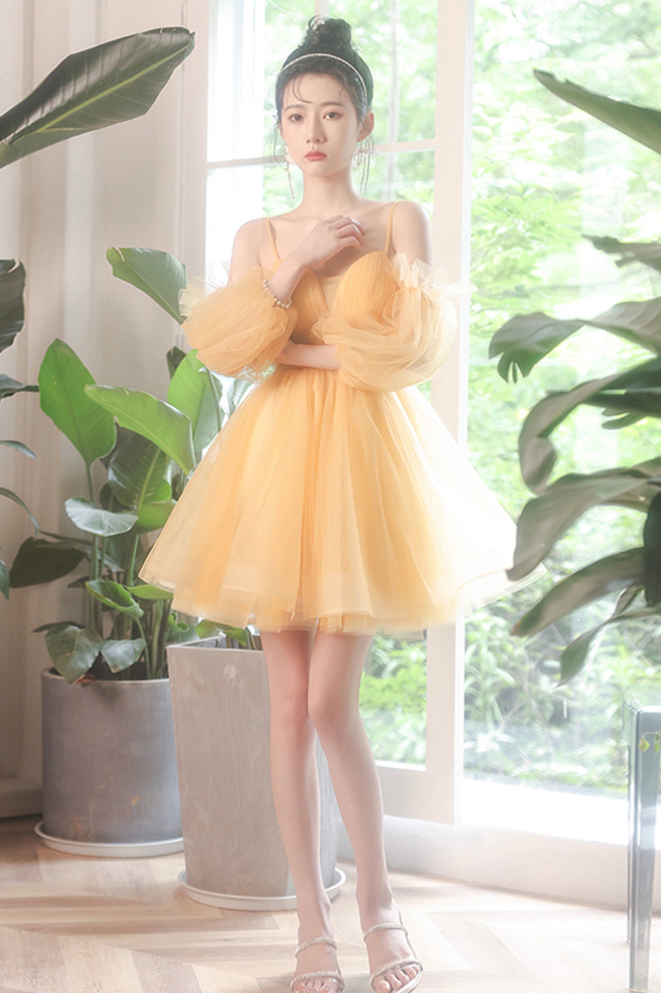 Yellow Tulle Short Prom Dress, A-Line Short Sleeve Party Dress US 10 / Yellow Yellow Tulle Short Prom Dress, A-Line Short Sleeve Party Dress US 10 / Yellow