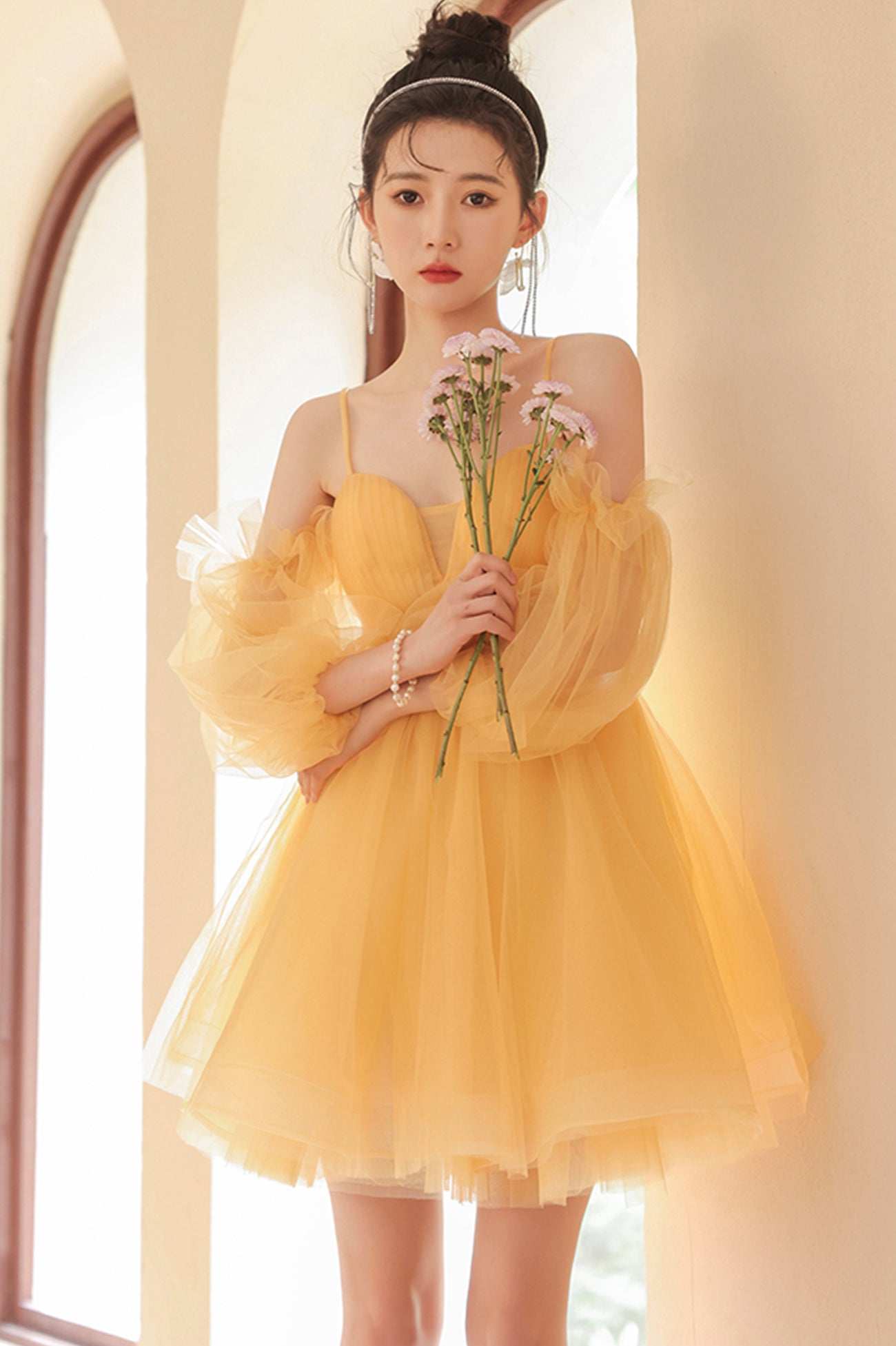 Yellow Tulle Short Prom Dress, A-Line Short Sleeve Party Dress US 10 / Yellow Yellow Tulle Short Prom Dress, A-Line Short Sleeve Party Dress US 10 / Yellow