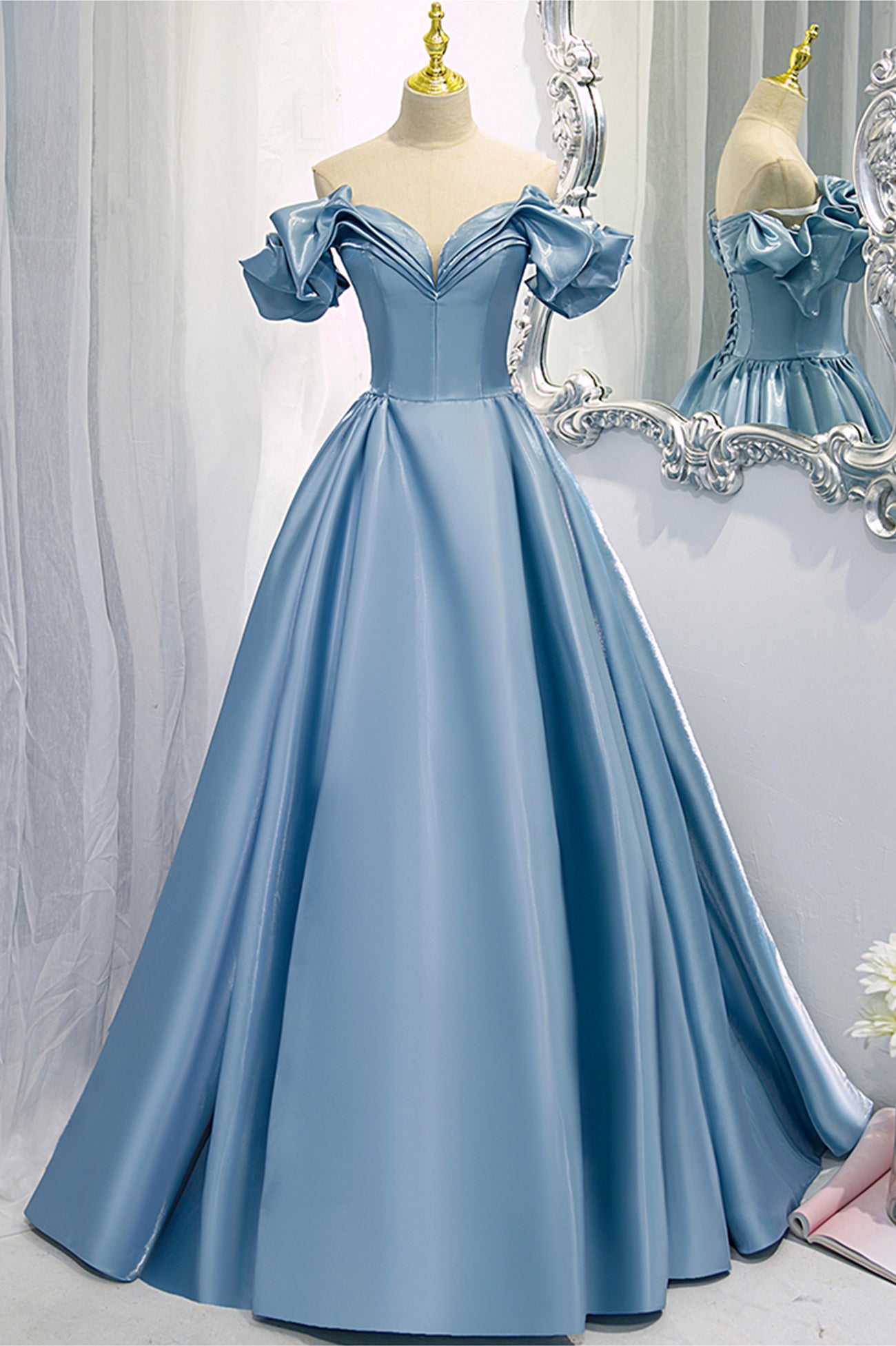 Blue V-Neck Satin Long Prom Dress, Off the Shoulder Evening Dress US 8 / Blue Blue V-Neck Satin Long Prom Dress, Off the Shoulder Evening Dress US 8 / Blue