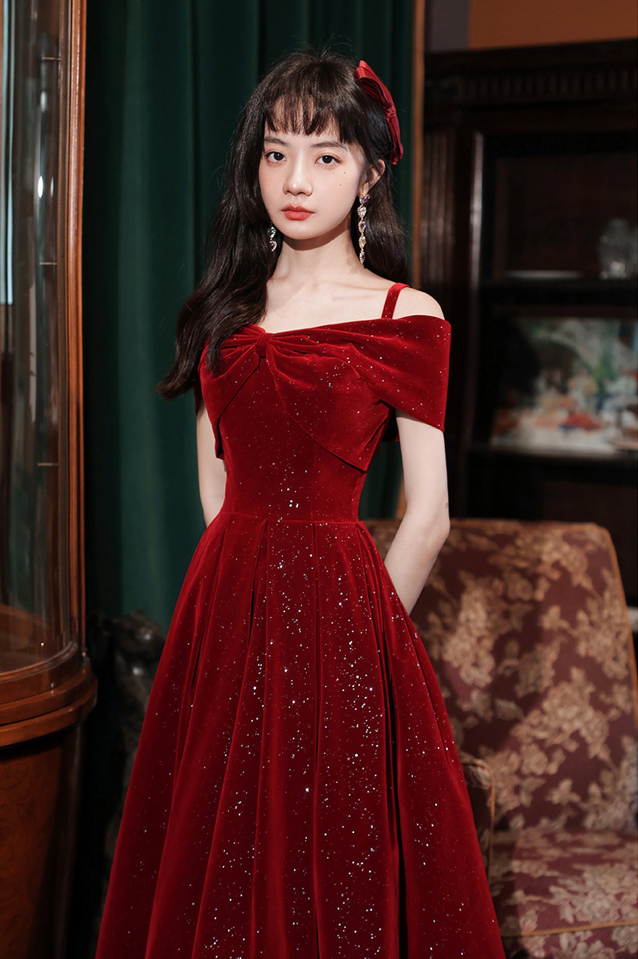 Burgundy Velvet Off the Shoulder Prom Dress, A-Line Party Dress US 12 / Burgundy Burgundy Velvet Off the Shoulder Prom Dress, A-Line Party Dress US 12 / Burgundy