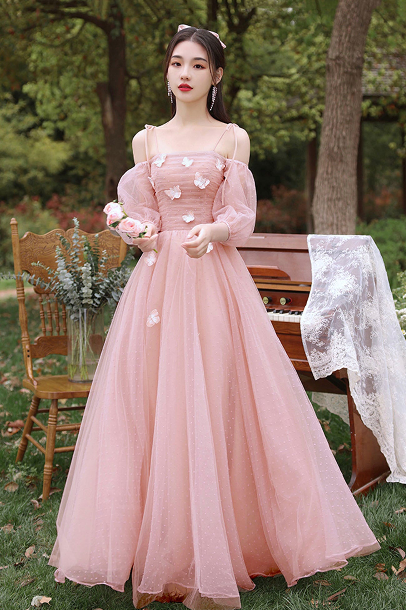 korean style prom dress Xijun Elegant Blush Pink Long Korea Prom Evening Dresses Off the Shoulder Tulle Sleeves Formal Party Gowns Garden Bride Dresses