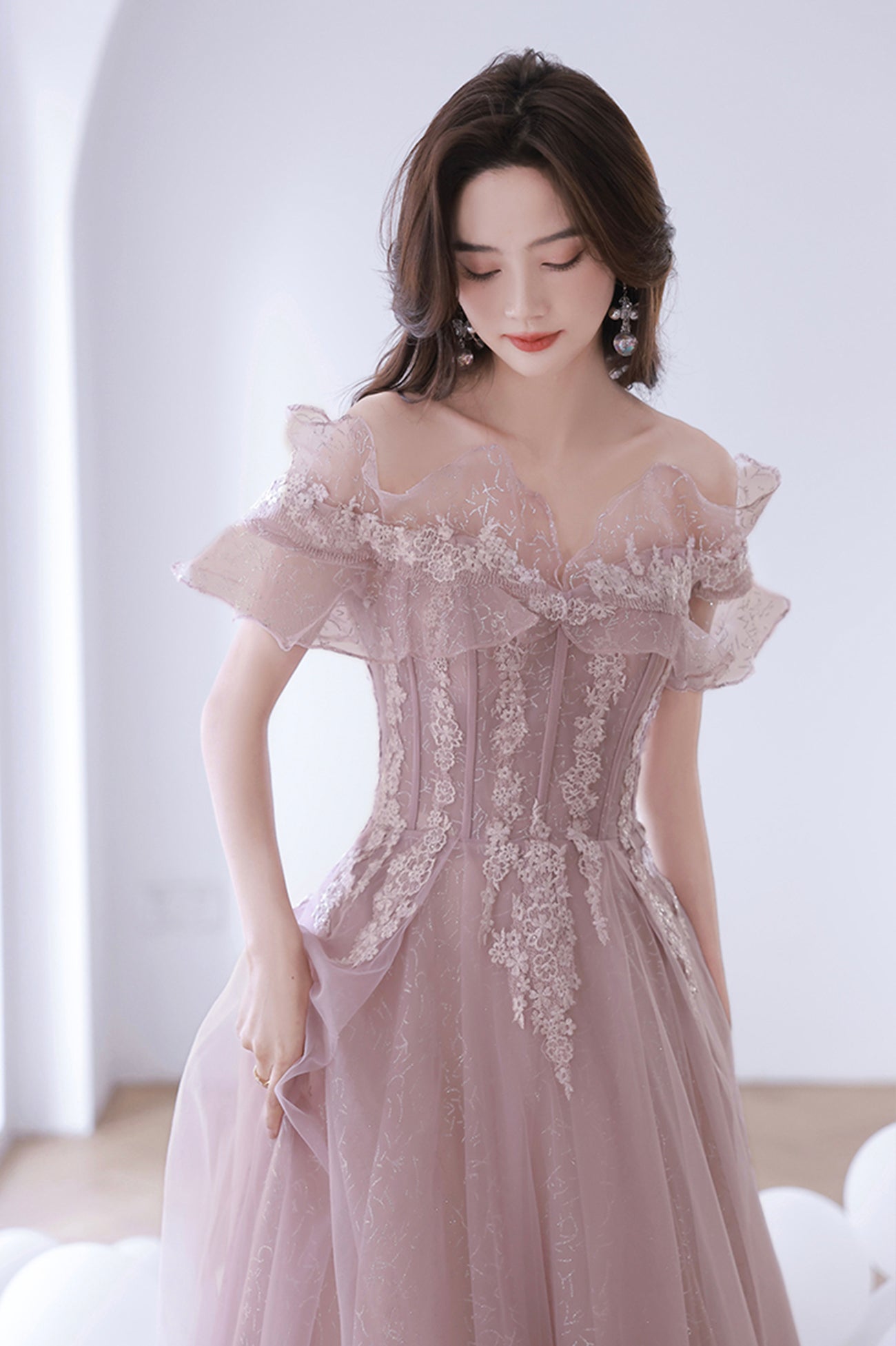 Off the Shoulder Lace Long Prom Dress, Pink A-Line Evening Dress Custom Size / Pink Off the Shoulder Lace Long Prom Dress, Pink A-Line Evening Dress Custom Size / Pink