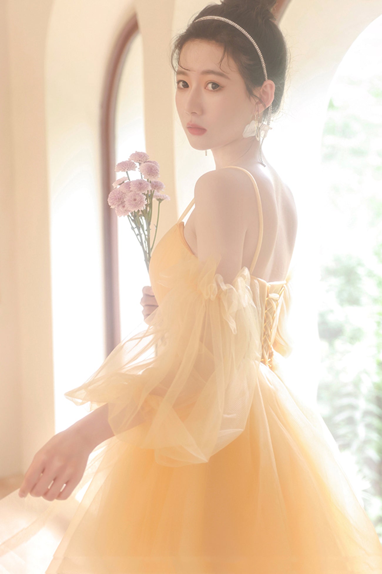 yellow tulle dress Yellow Tulle Short Prom Dress, A-Line Short Sleeve Party Dress US 10 / Yellow
