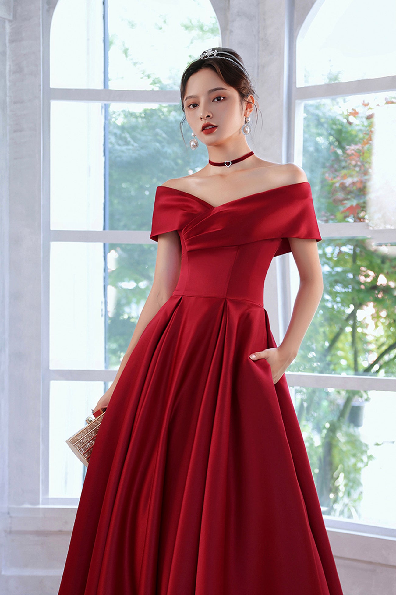 Red Satin A-Line Floor Length Prom Dress, Red Off Shoulder Evening Dre ...