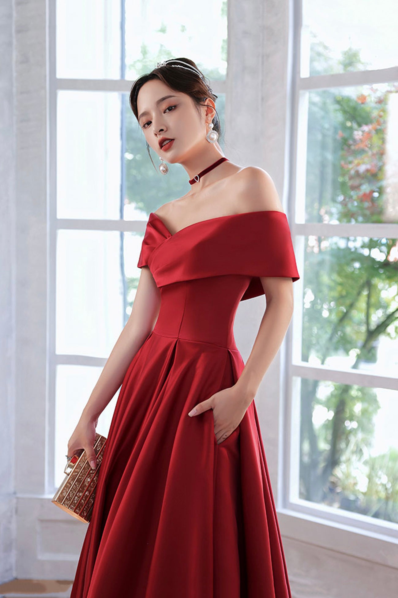 Red Satin A-Line Floor Length Prom Dress, Red Off Shoulder Evening Dre – Loveydress