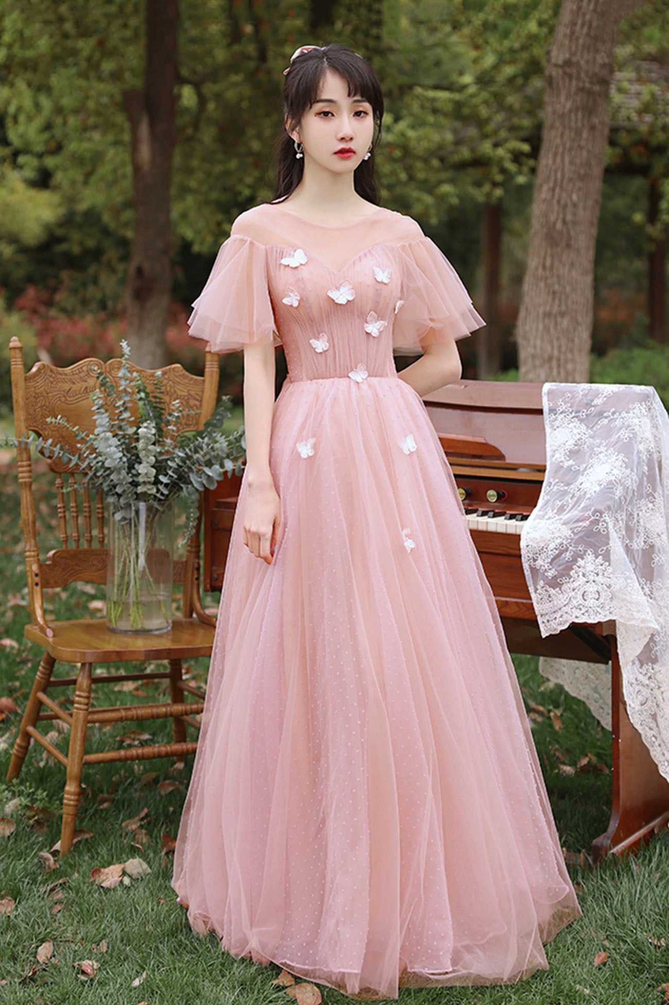 pink tulle dress prom A-Line Strapless with Detachable Balloon Sleeves Lovedreamdress paired with delicate spaghetti straps Light pink tulle long prom