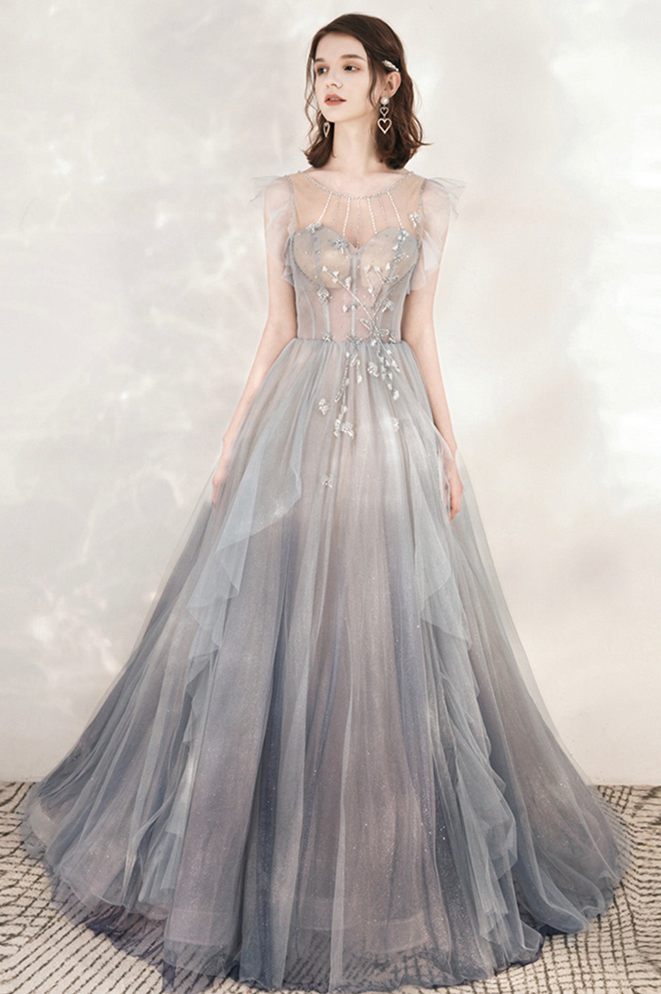 Gray Tulle Beading Long Prom Dresses, A-Line Scoop Neckline Evening Dresses US 8 / Picture Color Gray Tulle Beading Long Prom Dresses, A-Line Scoop Neckline Evening Dresses US 8 / Picture Color