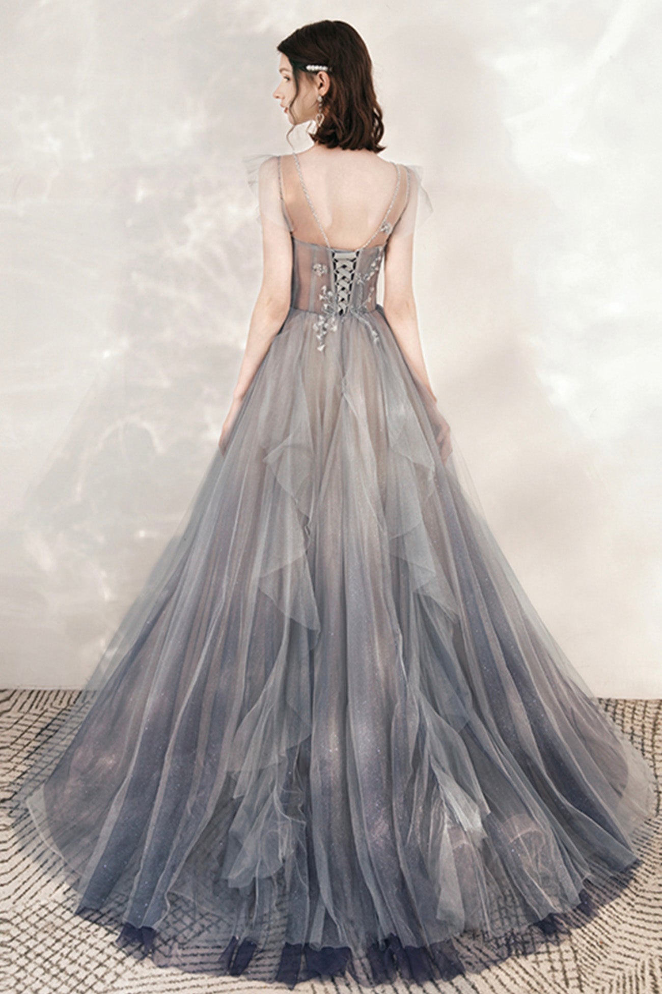 Gray Tulle Beading Long Prom Dresses, A-Line Scoop Neckline Evening Dresses
