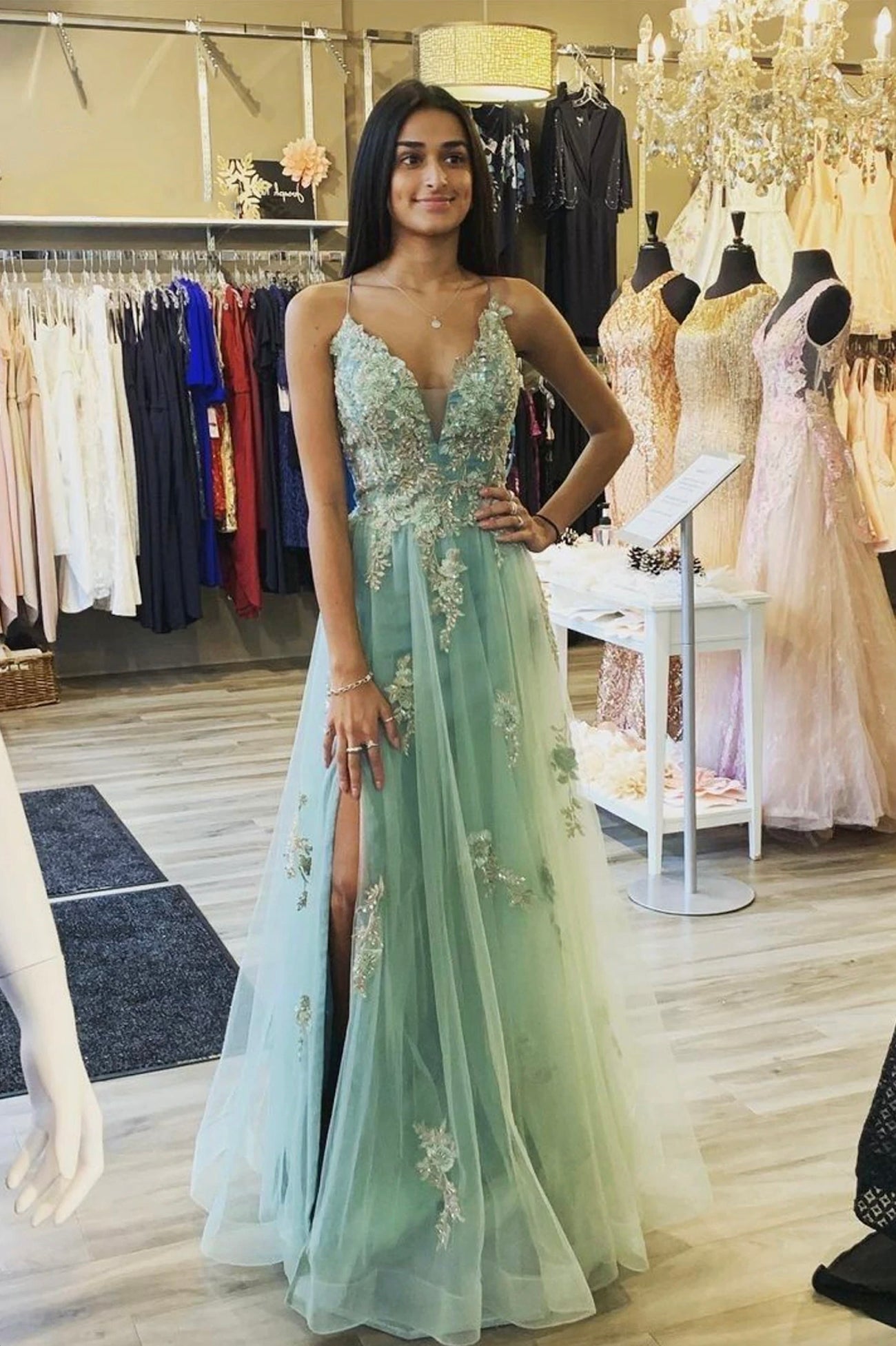Green V-Neck Lace Long Prom Dress, A-Line Evening Dress with Slit US 4 / Custom Color
