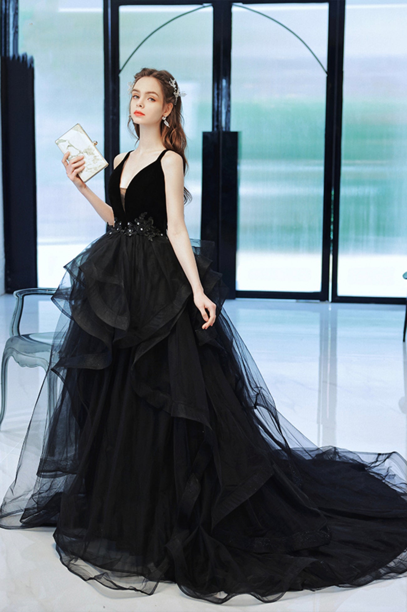 Black Tulle Lace Long Prom Dress, A-Line Evening Dress Custom Size / Black Black Tulle Lace Long Prom Dress, A-Line Evening Dress Custom Size / Black