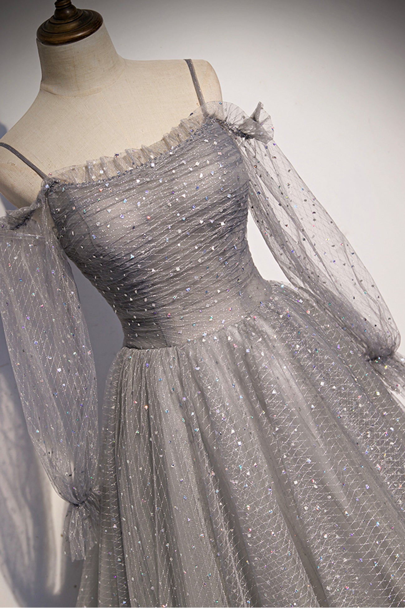 Gray Tulle Sequins Long Prom Dress, Long Sleeve Evening Dress US 6 / Custom Color Gray Tulle Sequins Long Prom Dress, Long Sleeve Evening Dress US 6 / Custom Color