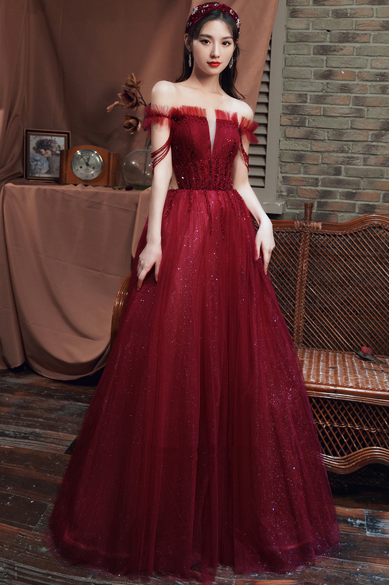 Burgundy Tulle Beaded Long Prom Dress, Off the Shoulder Evening Dress US 4 / Burgundy Burgundy Tulle Beaded Long Prom Dress, Off the Shoulder Evening Dress US 4 / Burgundy