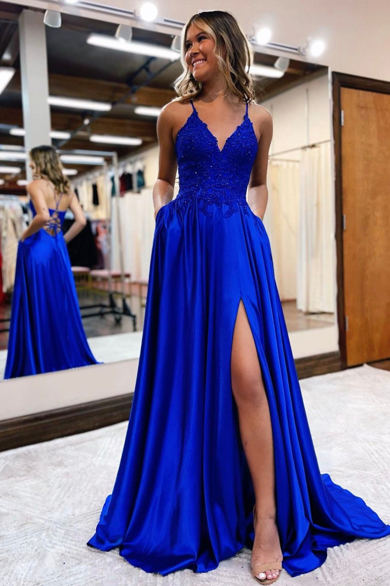 A-Line Lace Long Prom Dress, V-Neck Evening Dress with Pockets US 2 / Blue A-Line Lace Long Prom Dress, V-Neck Evening Dress with Pockets US 2 / Blue
