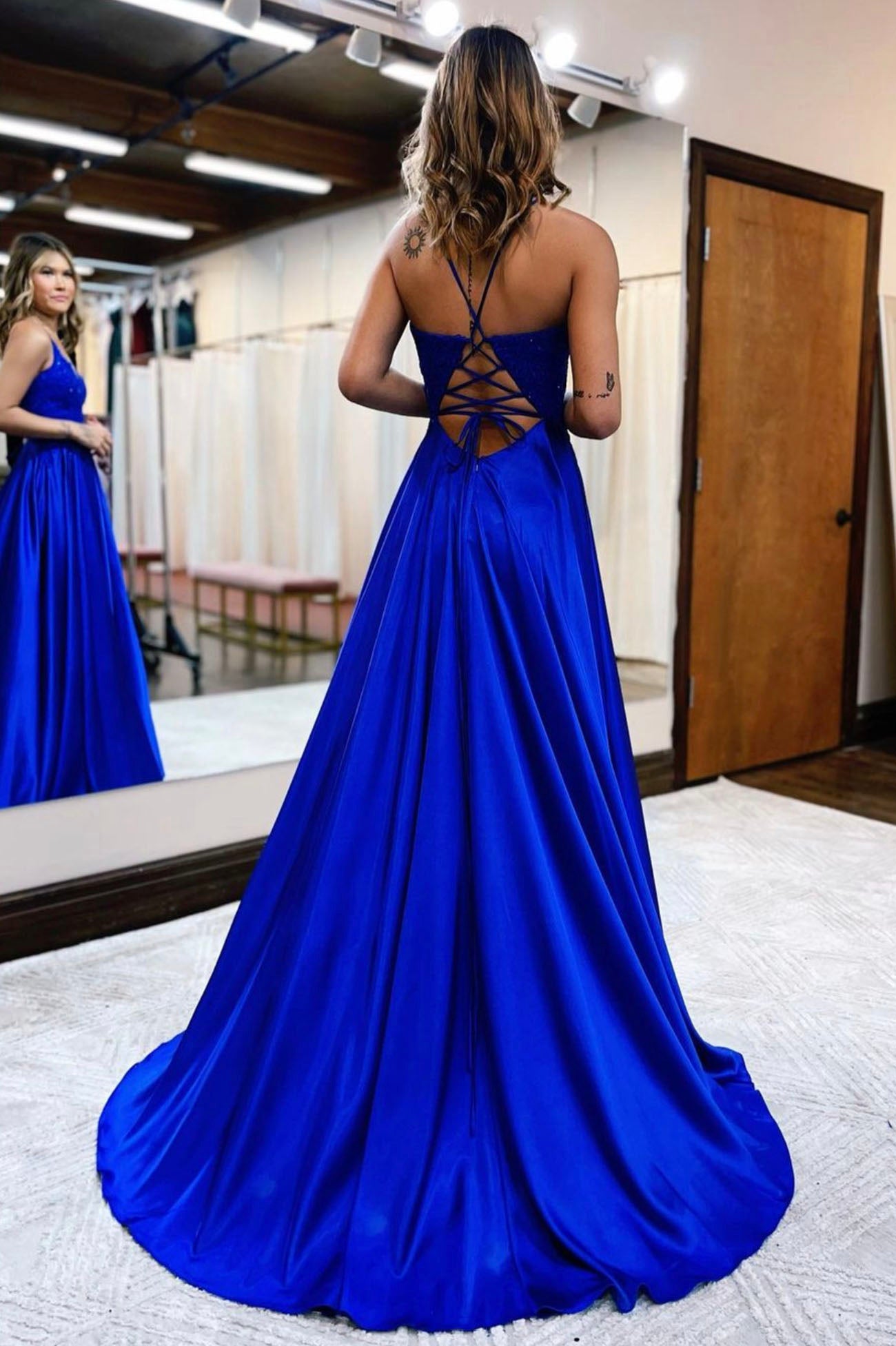 A-Line Lace Long Prom Dress, V-Neck Evening Dress with Pockets US 2 / Blue A-Line Lace Long Prom Dress, V-Neck Evening Dress with Pockets US 2 / Blue