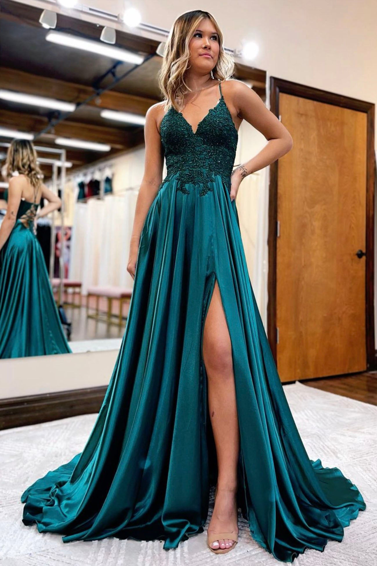 A-Line Lace Long Prom Dress, V-Neck Evening Dress with Pockets US 2 / Blue A-Line Lace Long Prom Dress, V-Neck Evening Dress with Pockets US 2 / Blue
