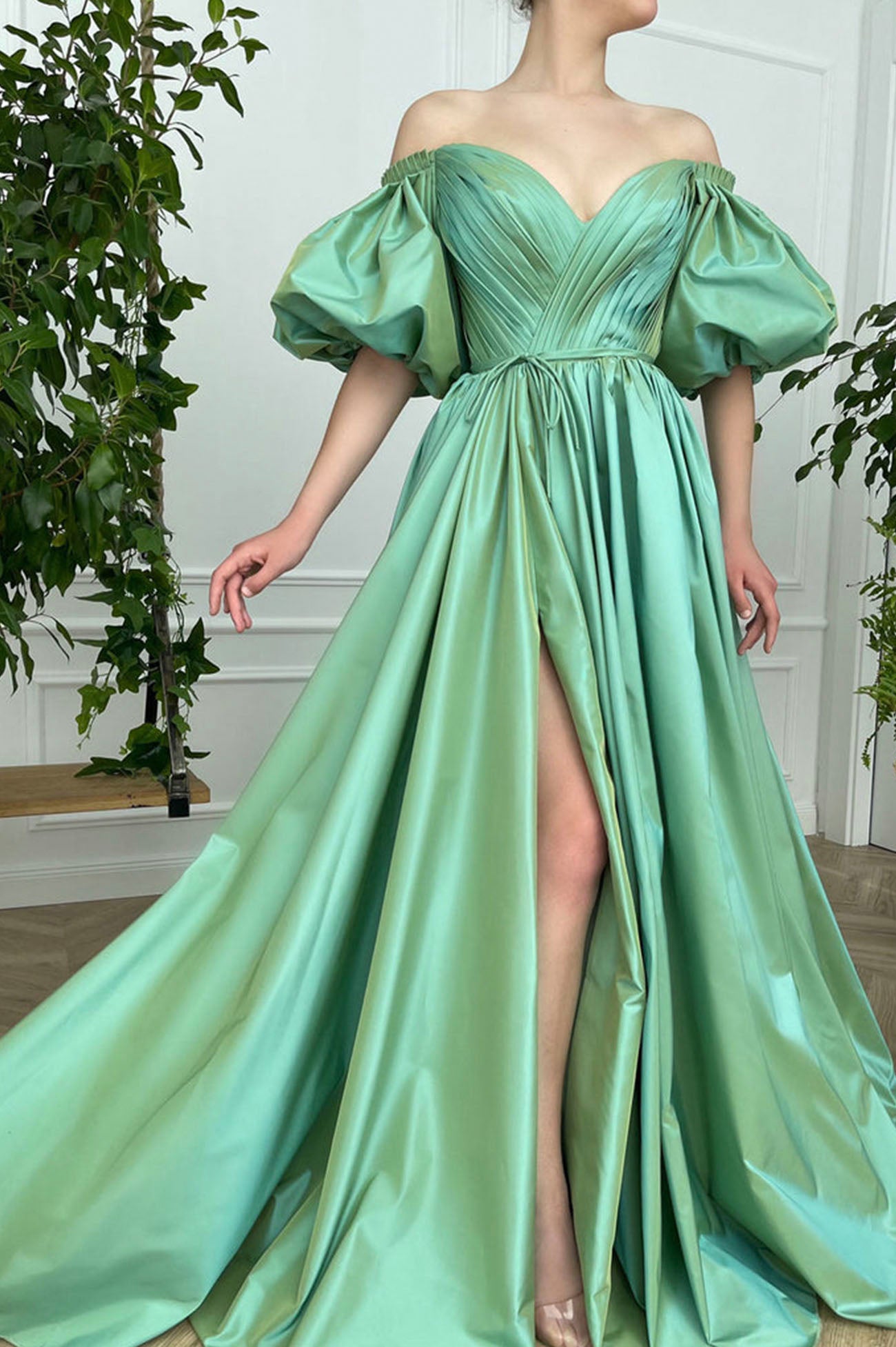 Green Satin Long A-Line Prom Dress, Off the Shoulder Evening Dress wit