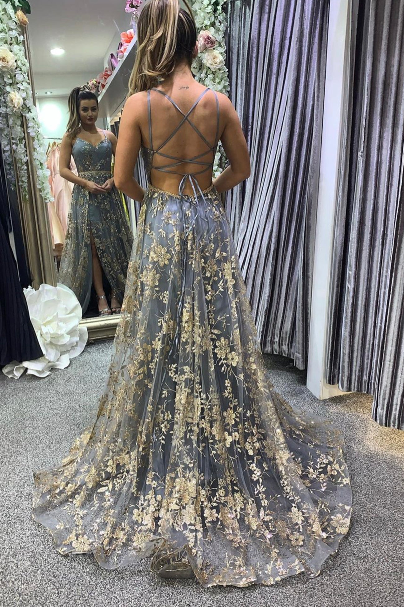 A-Line Tulle Sequins Long Backless Prom Dresses, Graduation Dresses US 2 / Custom Color A-Line Tulle Sequins Long Backless Prom Dresses, Graduation Dresses US 2 / Custom Color