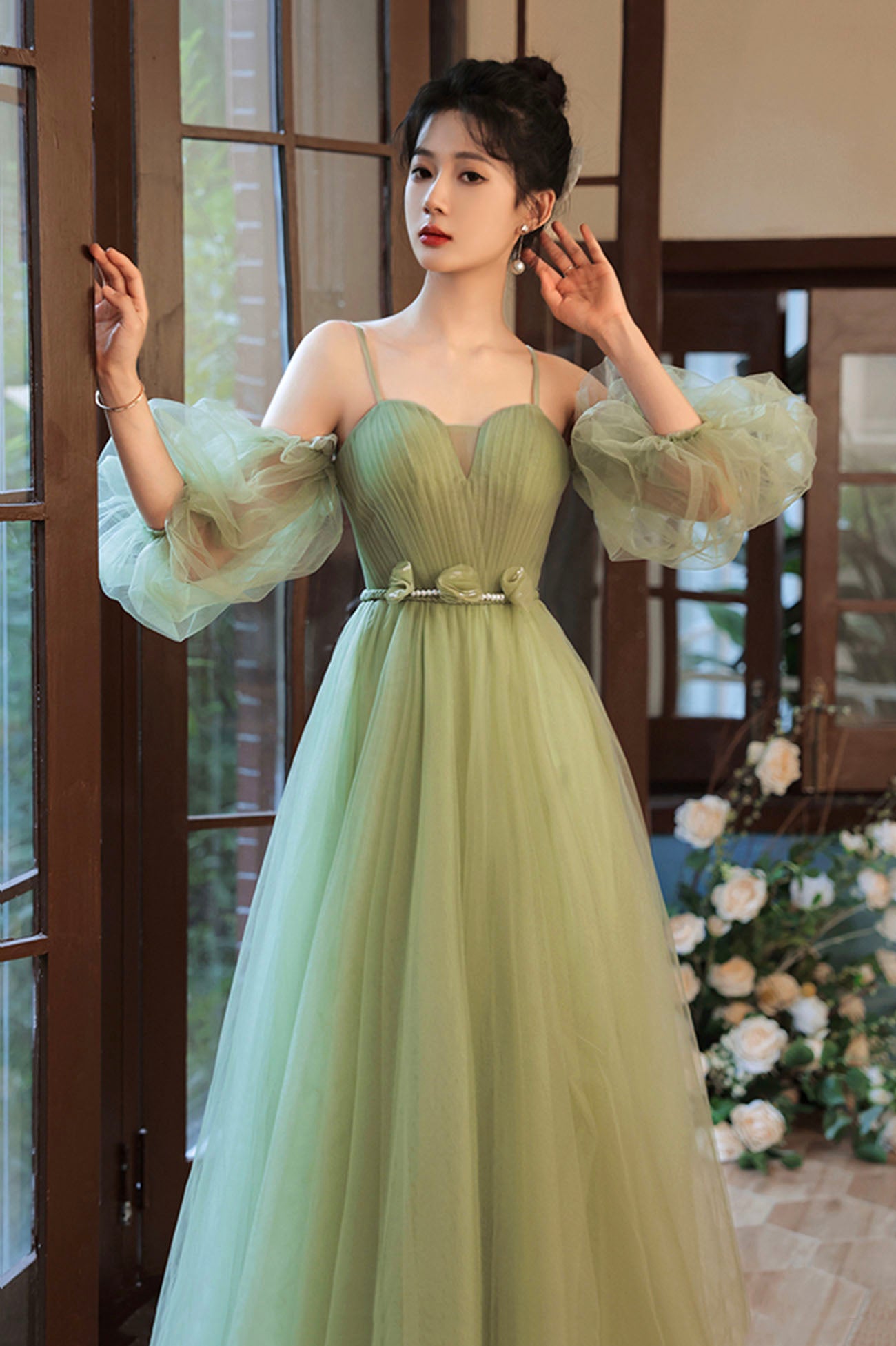 Lovely Green Tulle Long Party Dress, A-Line Evening Party Dress