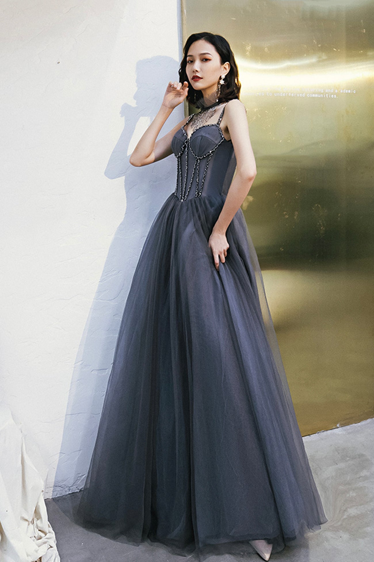 Gray Tulle Beaded Floor Length Prom Dress, A-Line Party Dress US 4 / Gray Gray Tulle Beaded Floor Length Prom Dress, A-Line Party Dress US 4 / Gray
