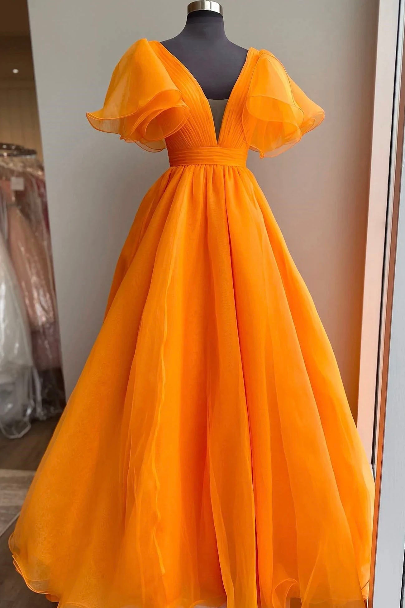 Orange Organza Long A-Line Prom Dress, Beautiful V-Neck Evening Dress US 16 / Custom Color Orange Organza Long A-Line Prom Dress, Beautiful V-Neck Evening Dress US 16 / Custom Color