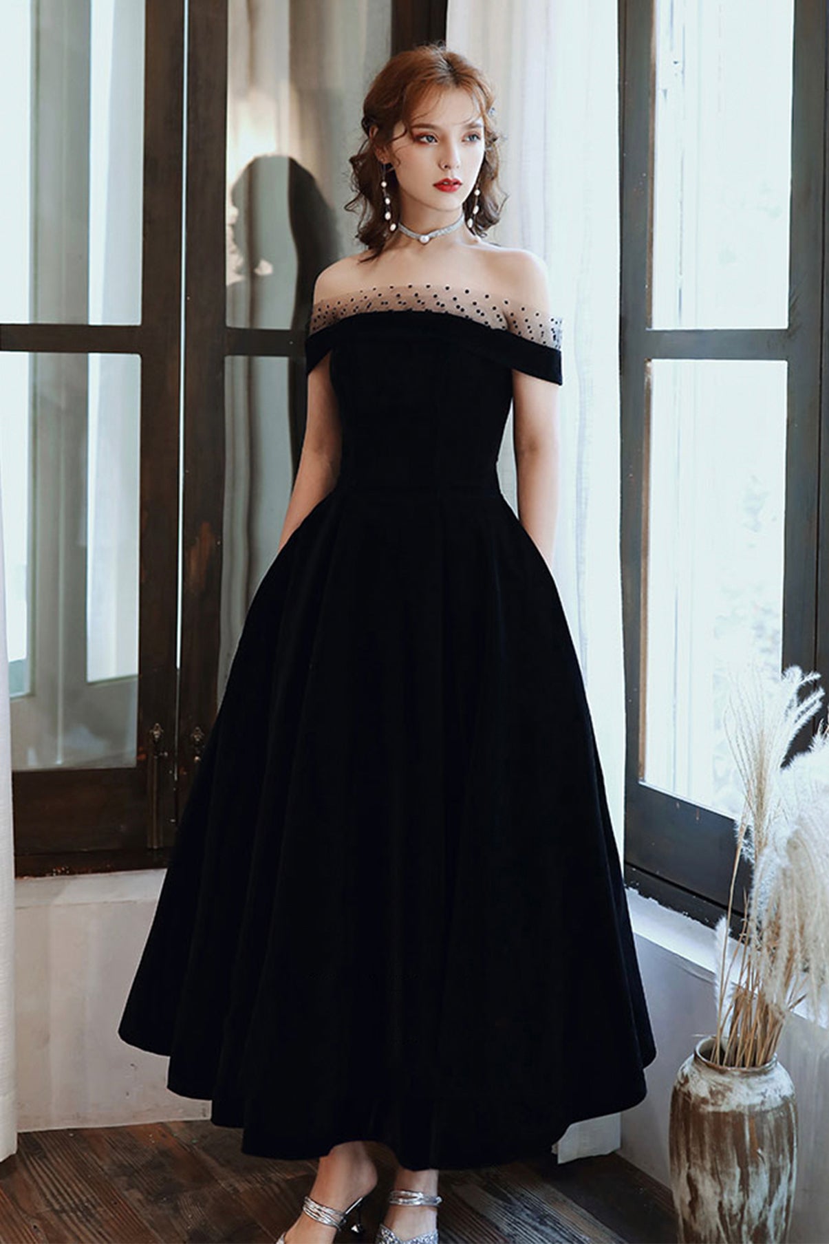 Cute Velvet A-Line Tea Length Prom Dresses, Black Party Dresses Custom Size / Black Cute Velvet A-Line Tea Length Prom Dresses, Black Party Dresses Custom Size / Black
