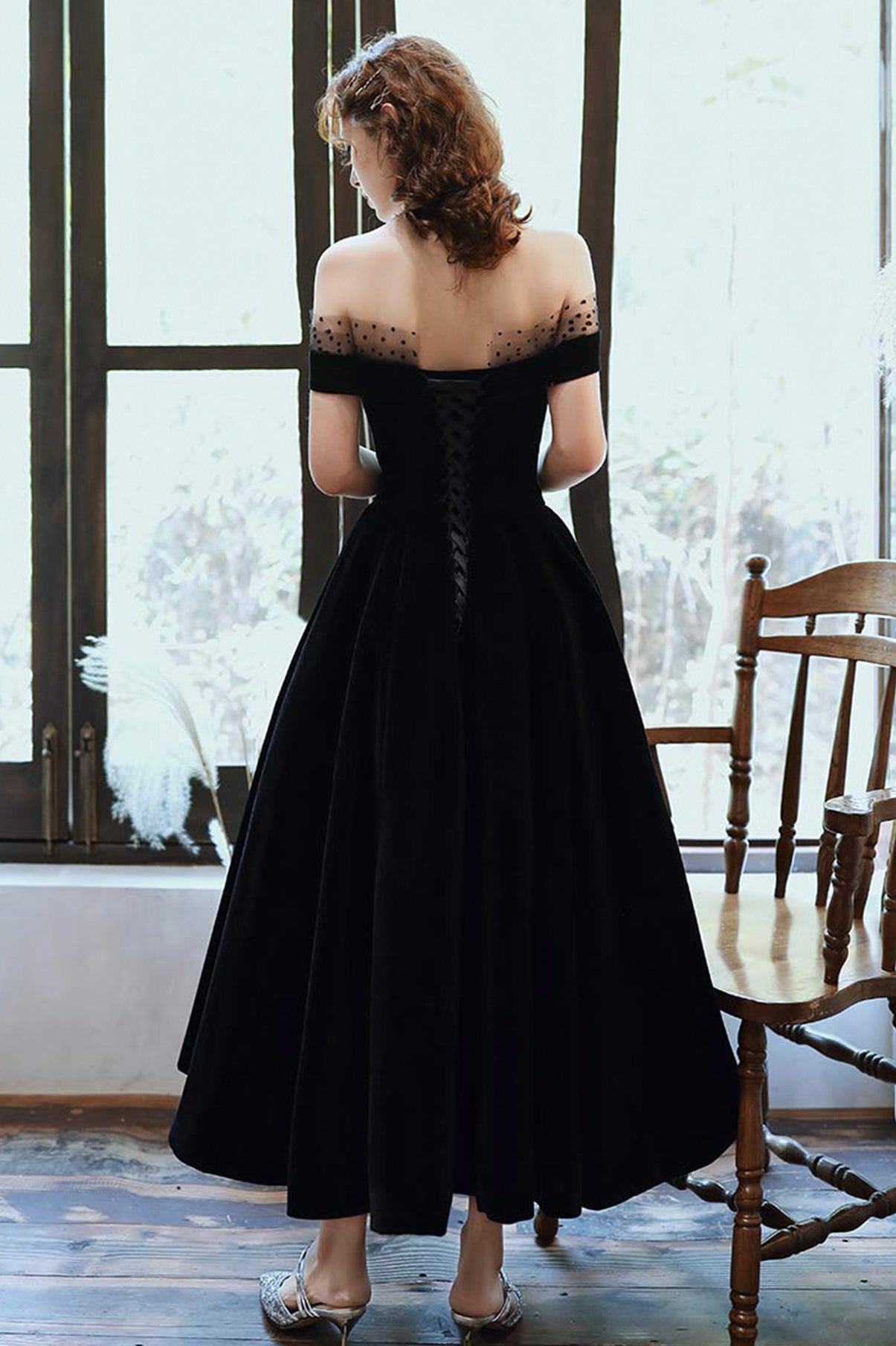 Cute Velvet A-Line Tea Length Prom Dresses, Black Party Dresses – Loveydress