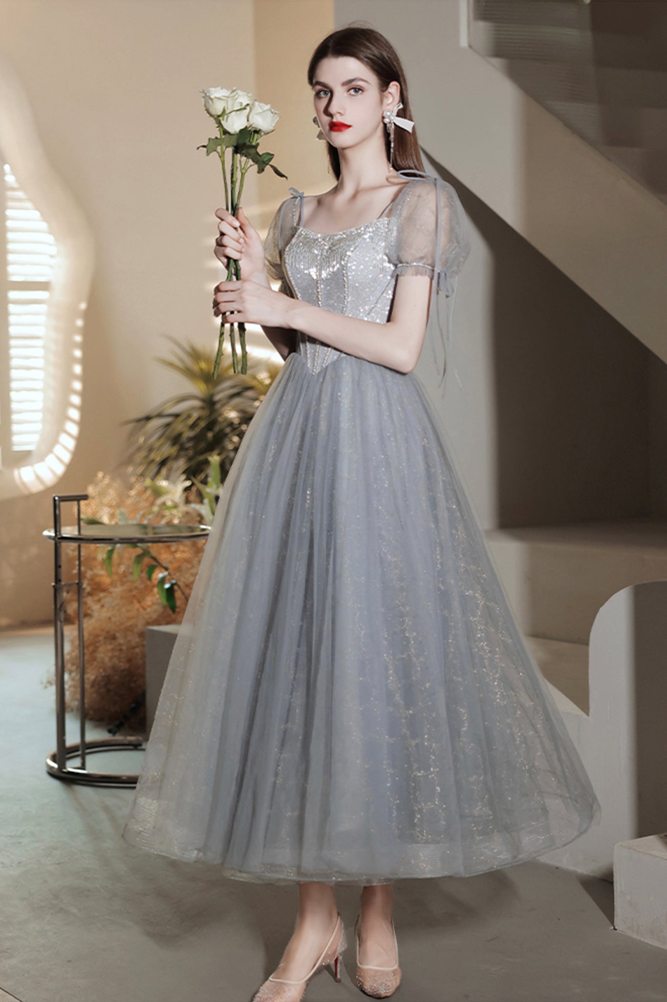 Gray Tulle Beaded Tea Length Prom Dress, A-Line Evening Dress Loveydress Gray Tulle Beaded Tea Length Prom Dress, A-Line Evening Dress Loveydress