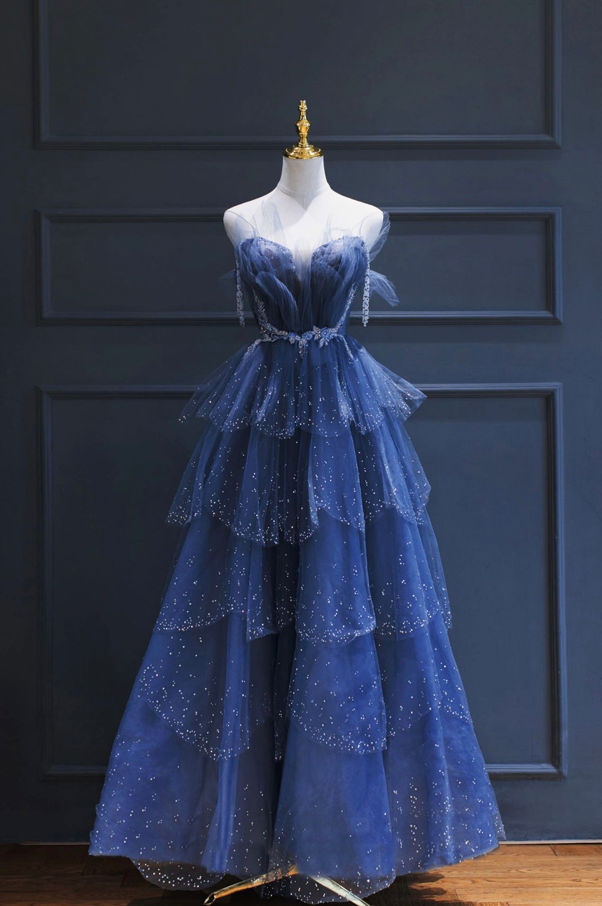 Blue Tulle Beaded Long Senior Prom Dress, A-Line Blue Formal Dress Loveydress Blue Tulle Beaded Long Senior Prom Dress, A-Line Blue Formal Dress Loveydress