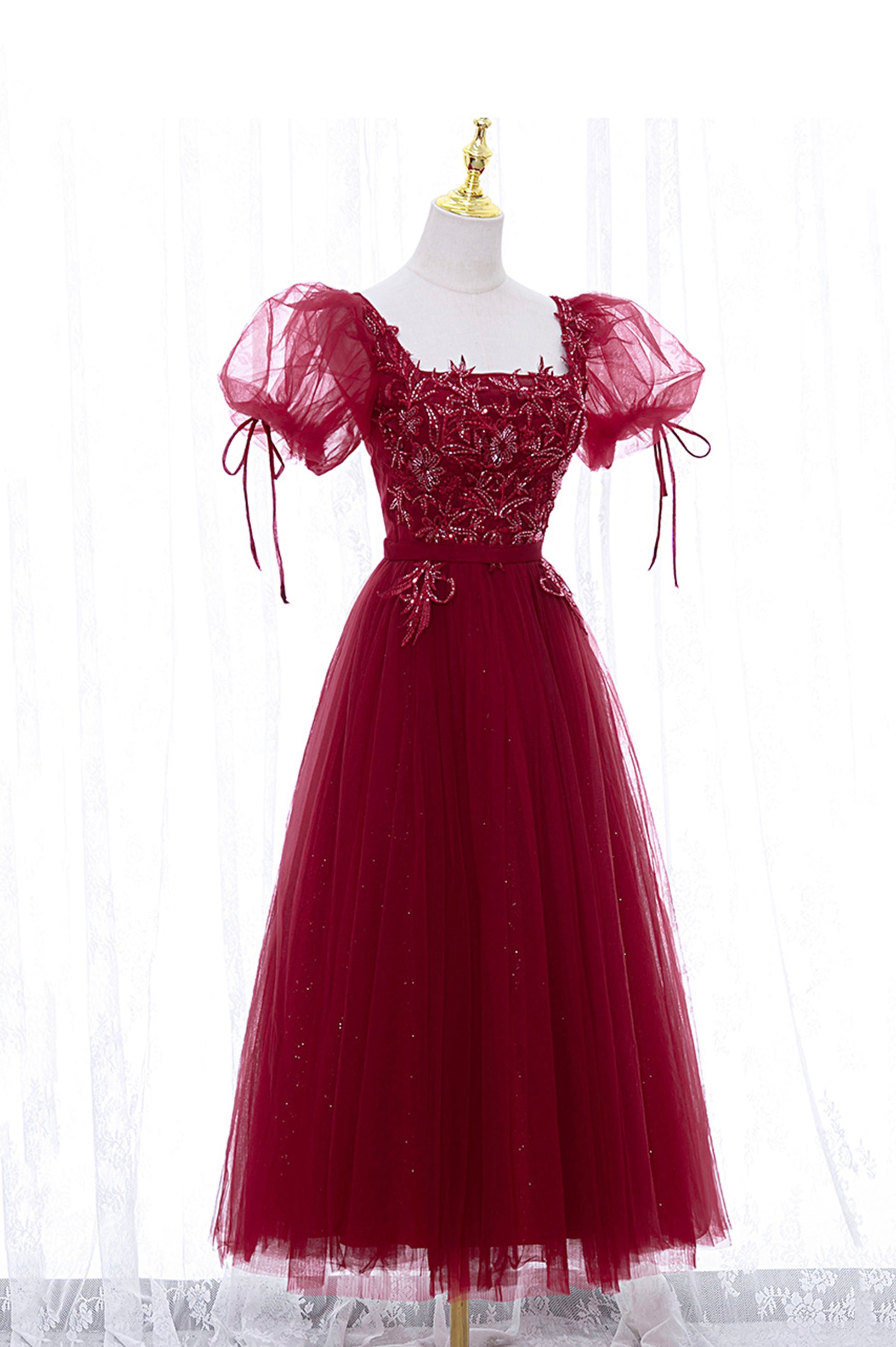 Burgundy Short Sleeve Tulle Tea Length Prom Dress, A-Line Party Dress – Loveydress