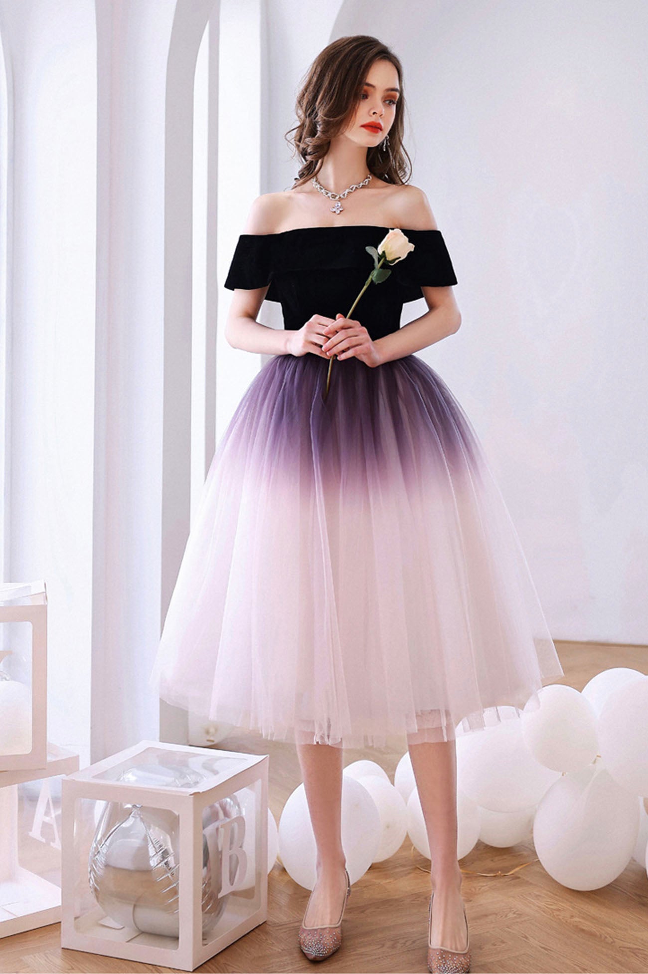 purple ombre dress Lovely Ombre Tulle Short Prom Dress, A-Line Off the Shoulder Party Dress US 8 / Custom Color