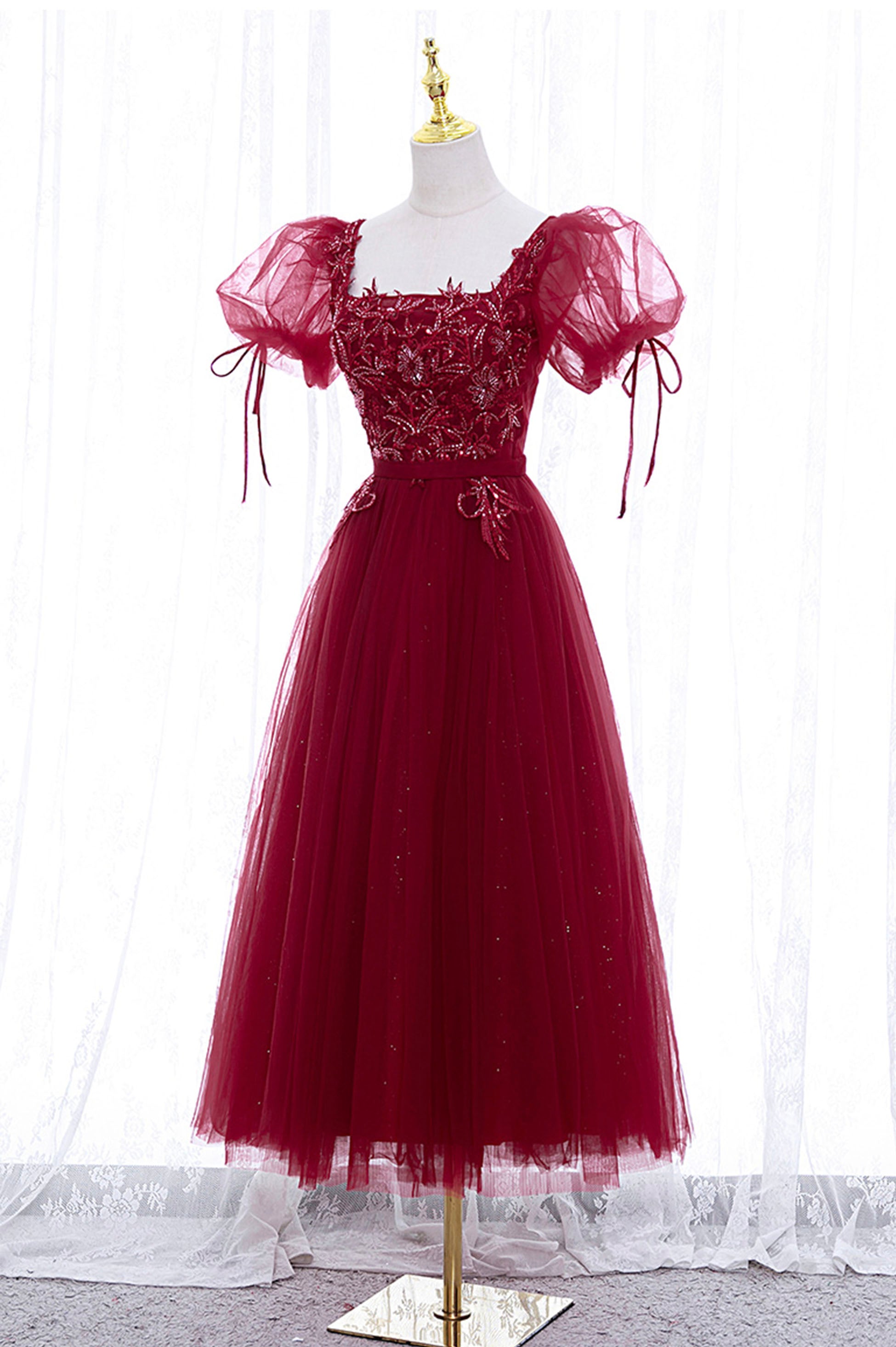 Burgundy Short Sleeve Tulle Tea Length Prom Dress, A-Line Party Dress US 14 / Burgundy Burgundy Short Sleeve Tulle Tea Length Prom Dress, A-Line Party Dress US 14 / Burgundy