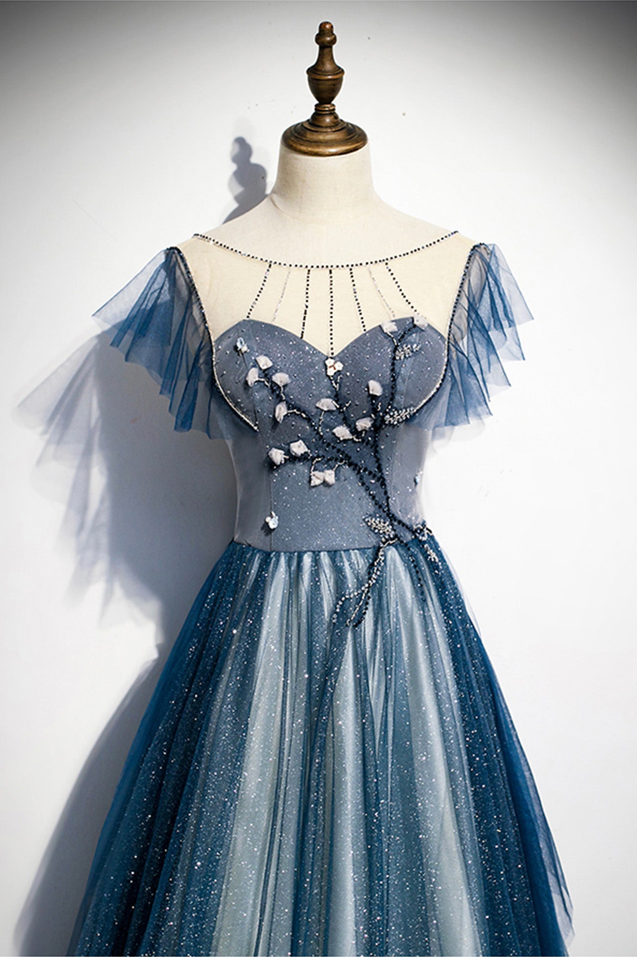 5 star prom dress shops Light Blue Star Sequined Tulle A-line With High Slit Prom Dresses, CP0776 US8 / As Pic