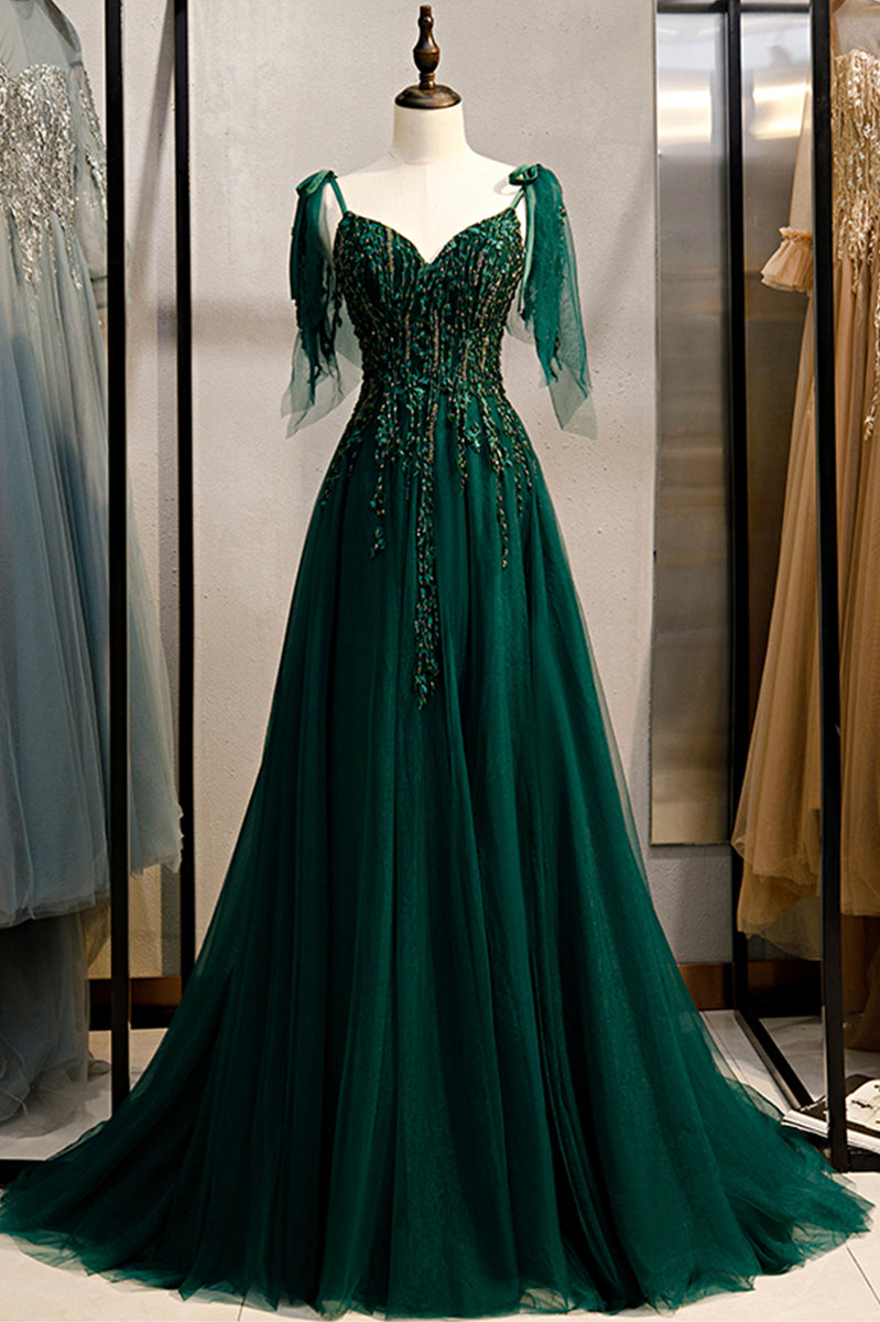 Green V-Neck Lace Long Prom Dresses, A-Line Evening Dresses – Loveydress
