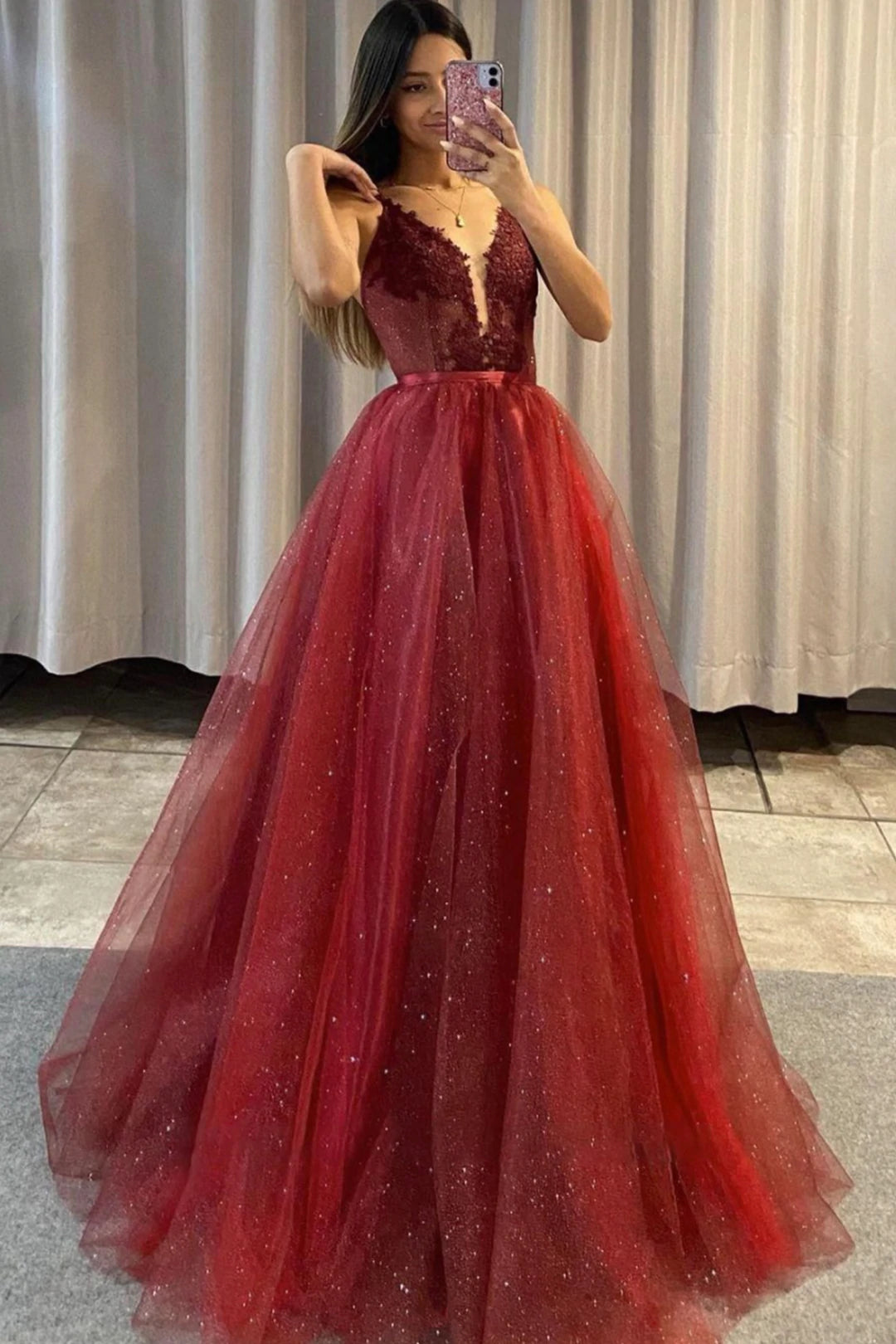 Burgundy Lace Tulle Evening Dress, Detachable Two Piece Prom Dress US 4 / Custom Color Burgundy Lace Tulle Evening Dress, Detachable Two Piece Prom Dress US 4 / Custom Color